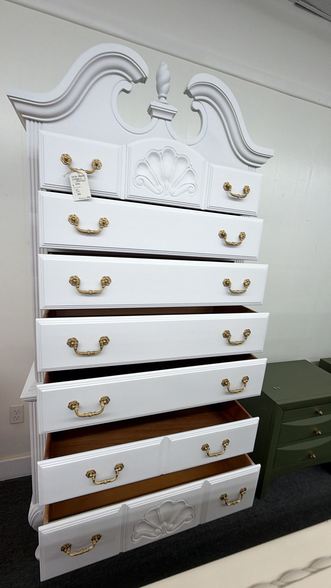 Vintage white lacquered bonnet chest