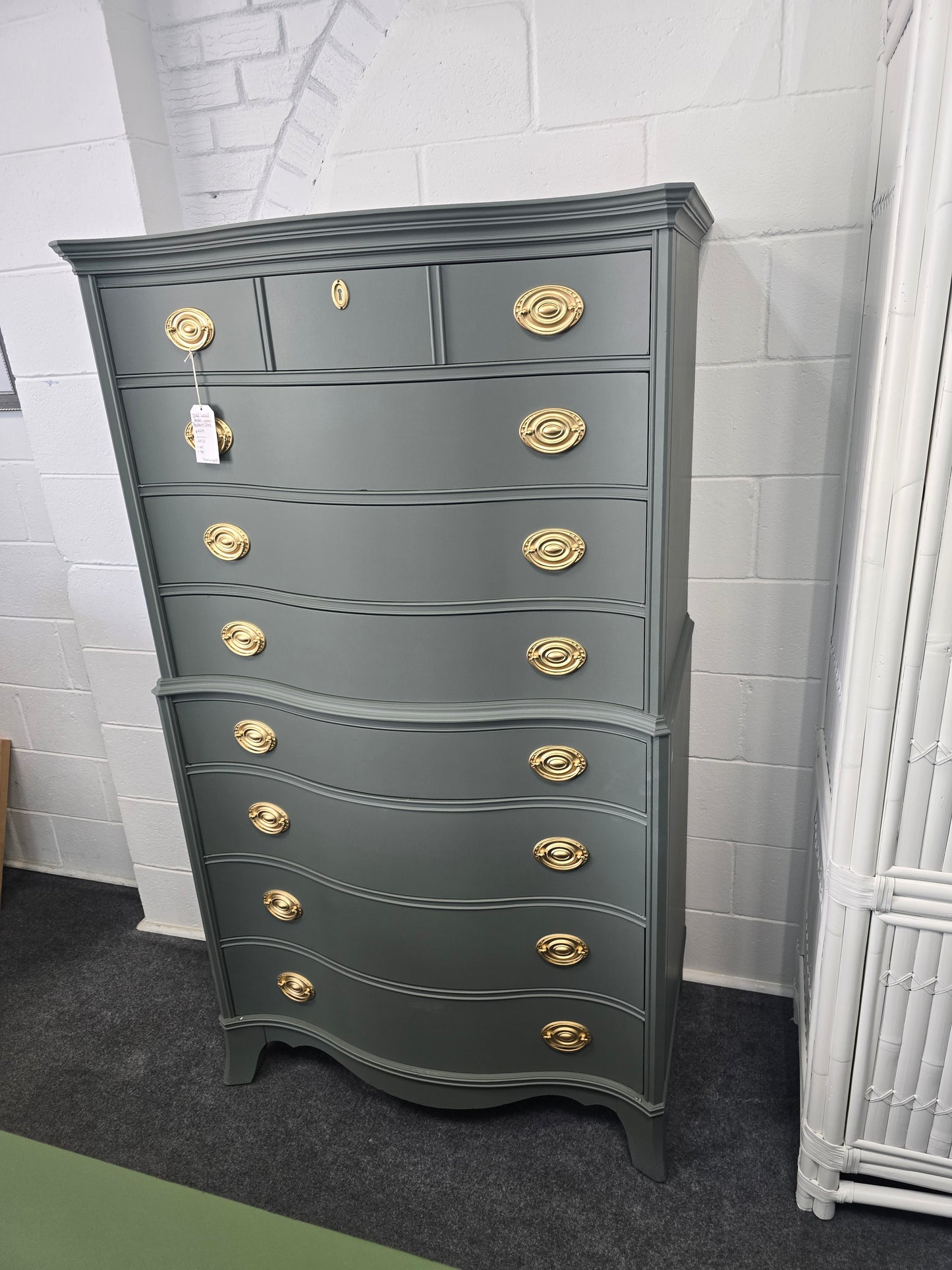 Pewter green serpentine tall chest
