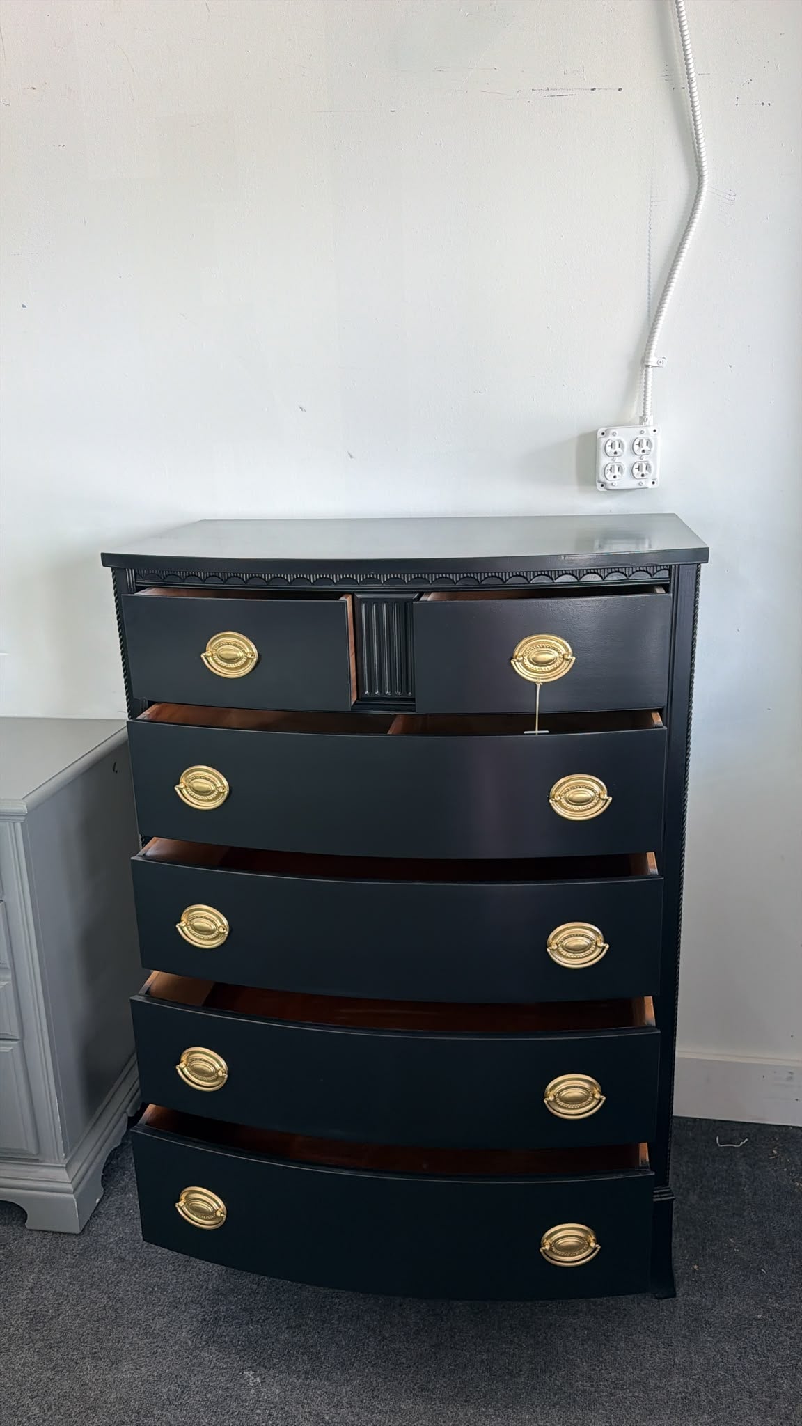Solid wood bowfront black lacquered chest