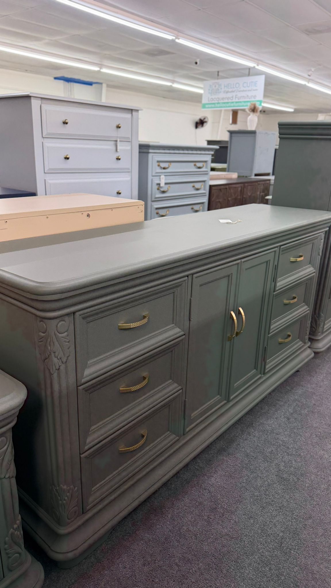 Pewter green carved long dresser