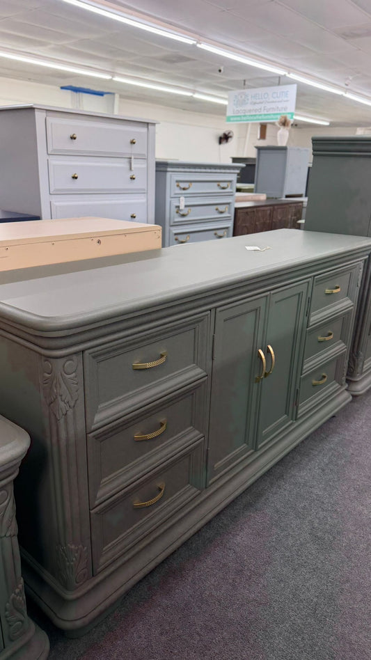 Pewter green carved long dresser
