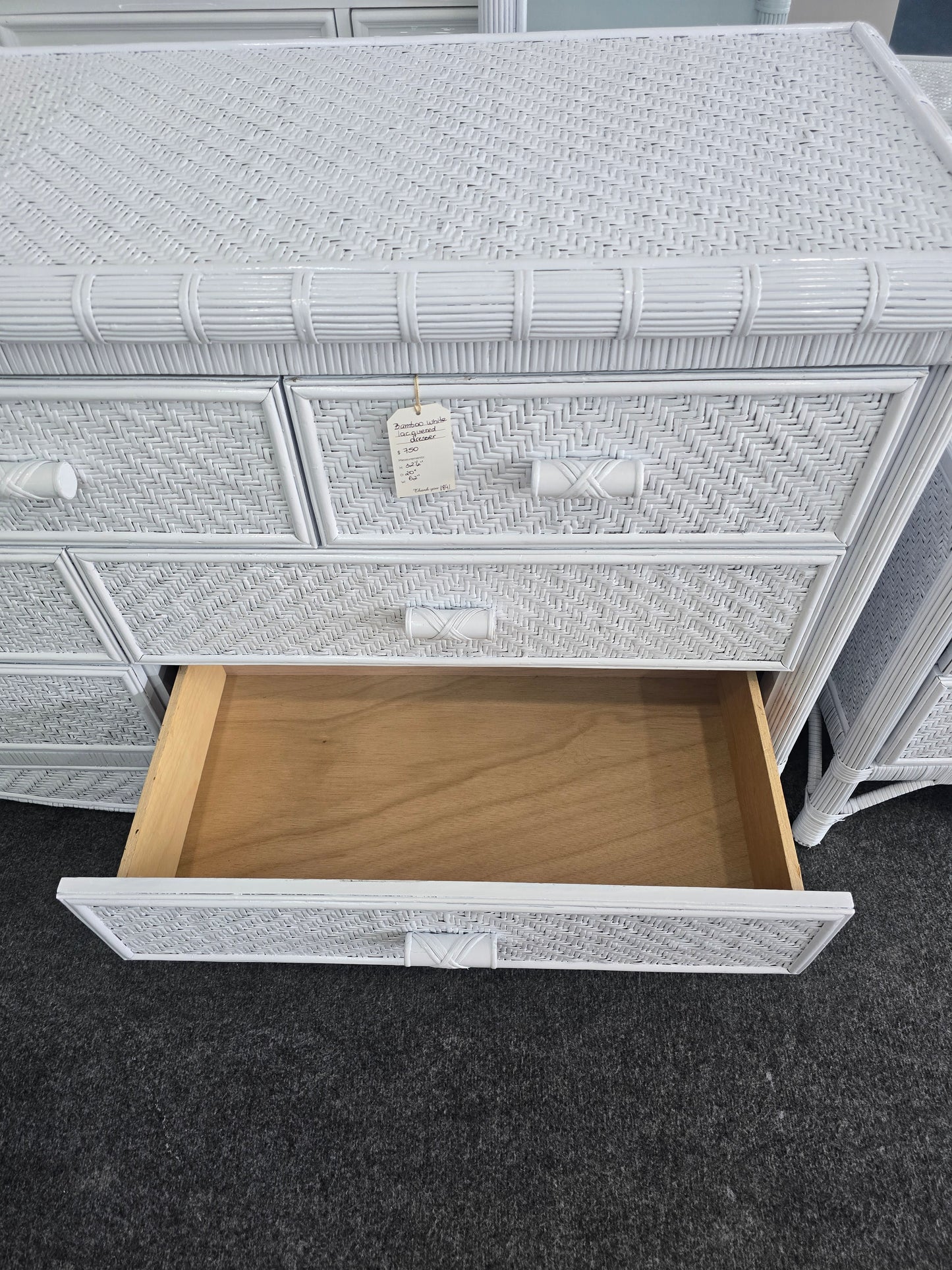 White lacquered bamboo & rattan dresser