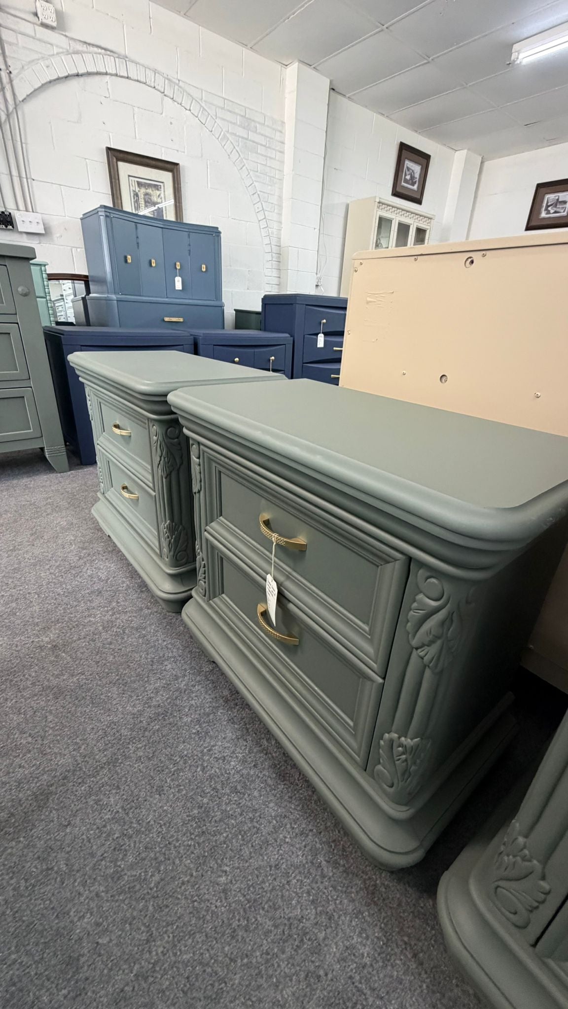 Pewter green pair of nightstands