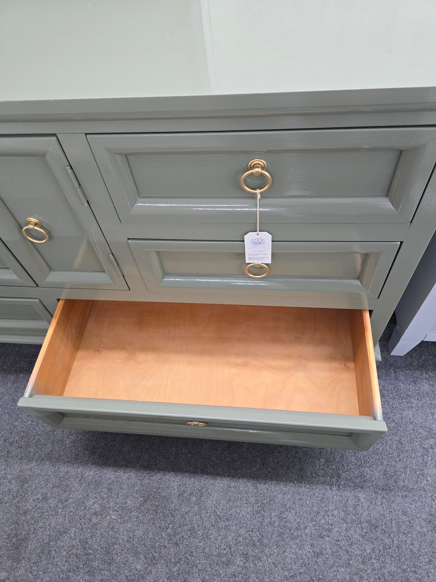 Solid wood plive green lacquered Rotta dresser