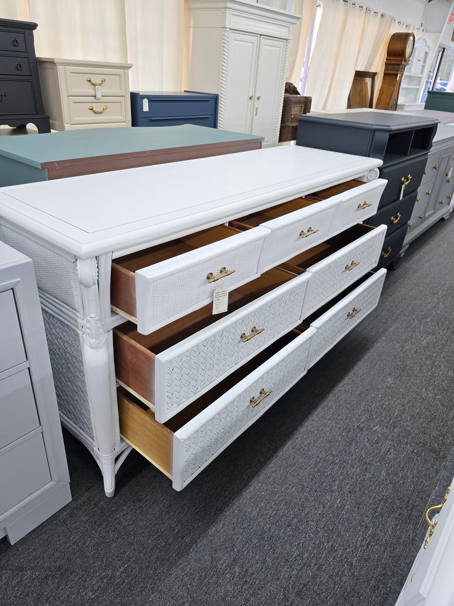 Solid wood and rattan white dresser