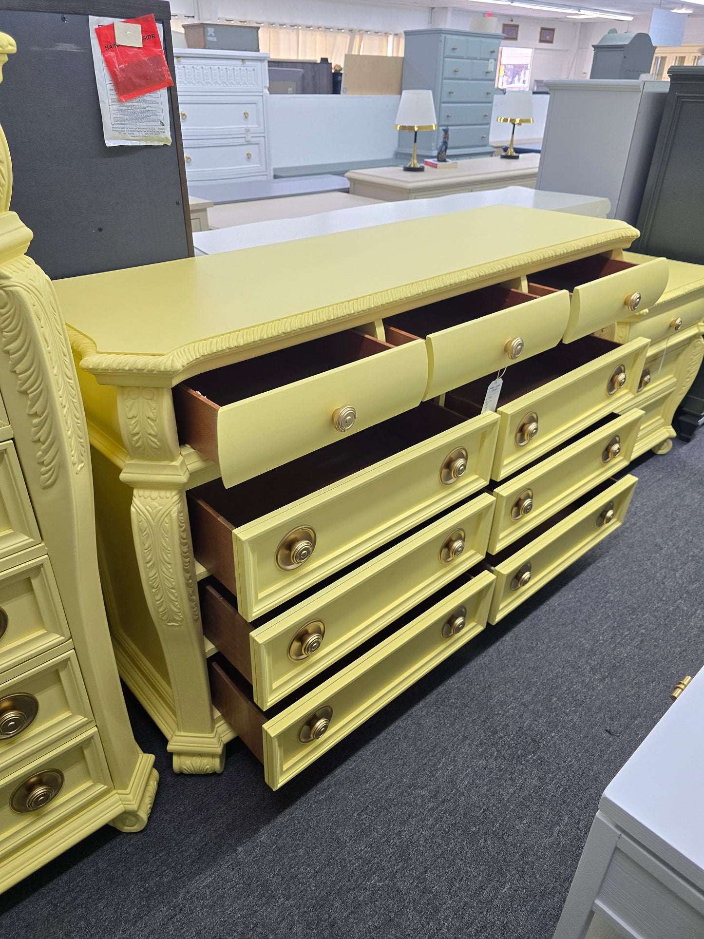 Cute soft yellow carved dresser