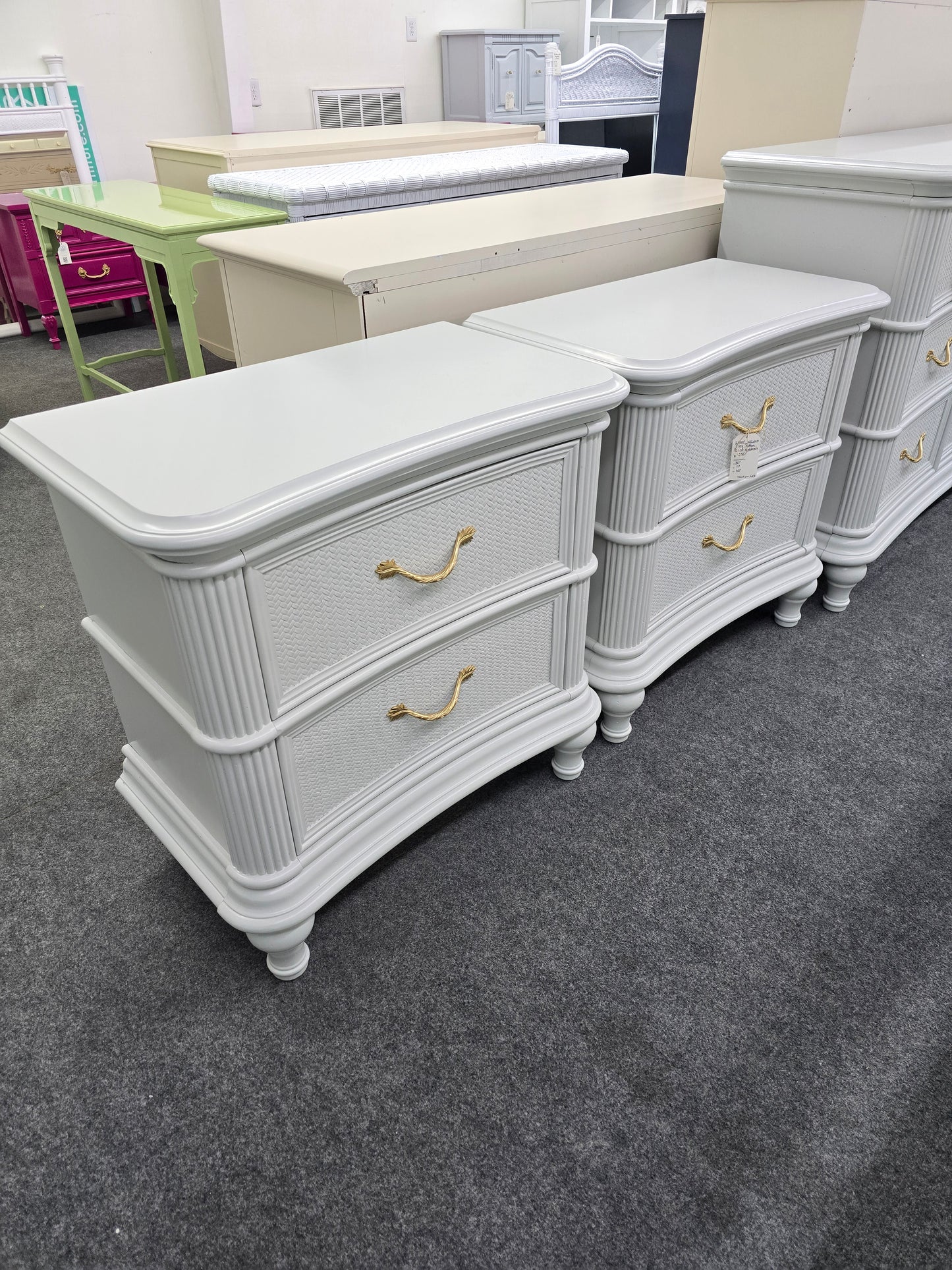 Kathy Ireland gray rattan pair of nightstands