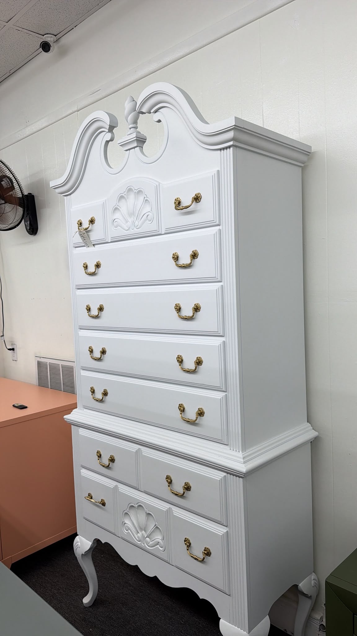 Vintage white lacquered bonnet chest