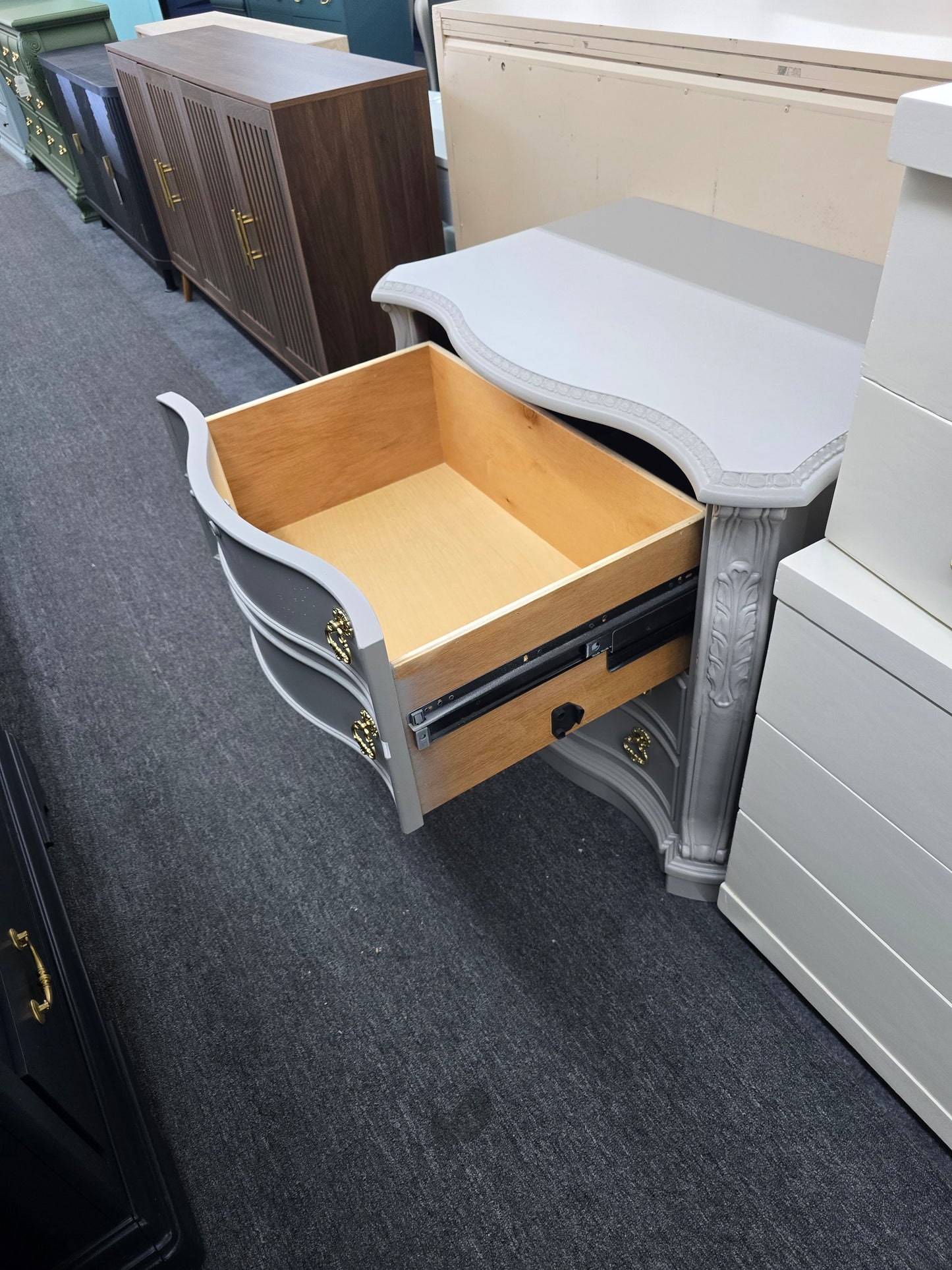 Light gray carved chest / file cabinet