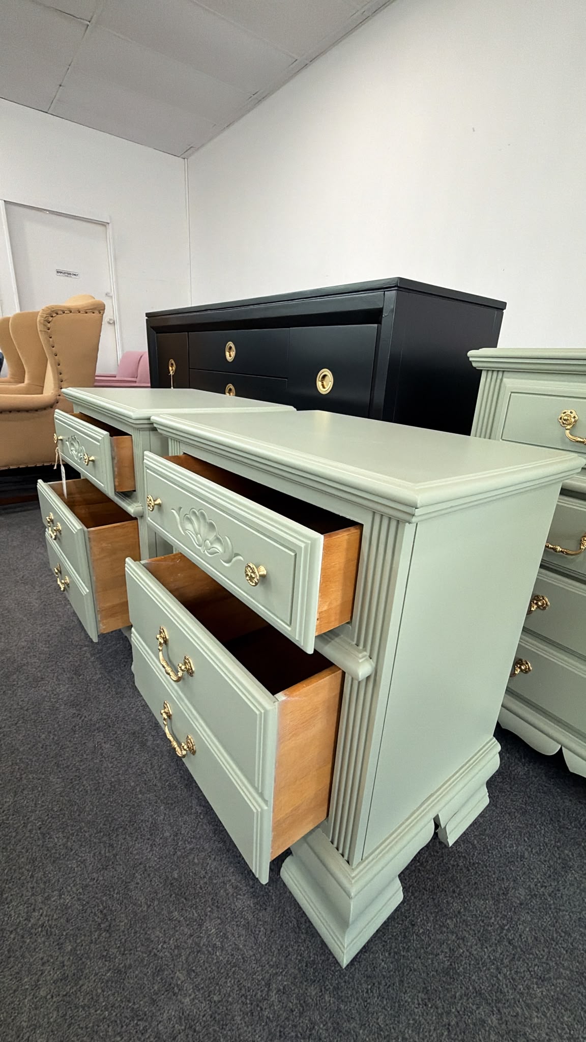 Green vintage pair of nightstands