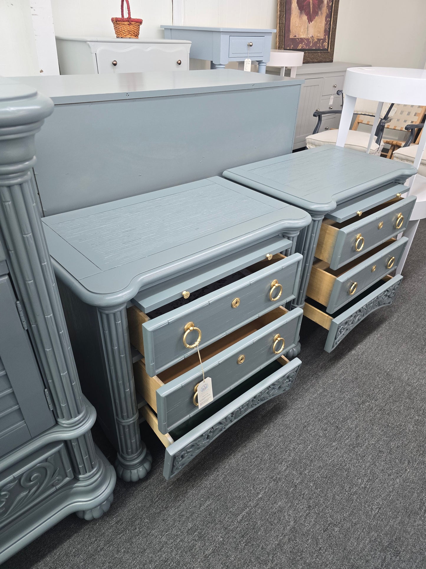 Broyhill bamboo green gray lacquered pair of nightstands