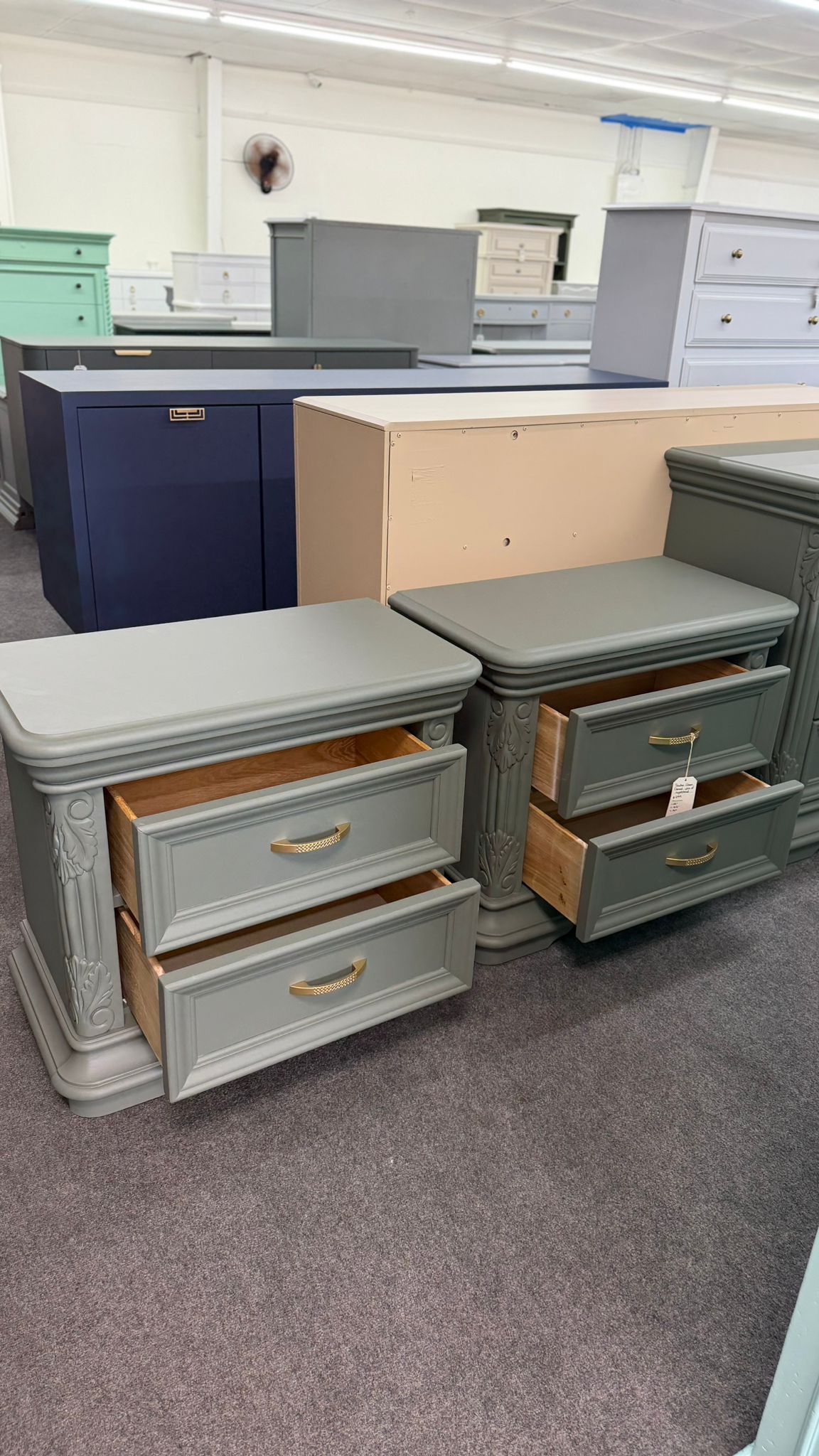 Pewter green pair of nightstands