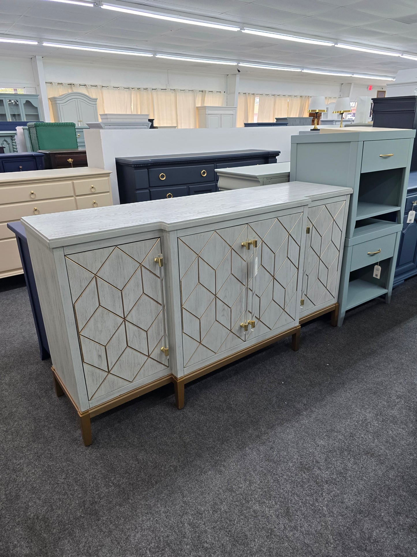 Gorgeous green washed and gold credenza