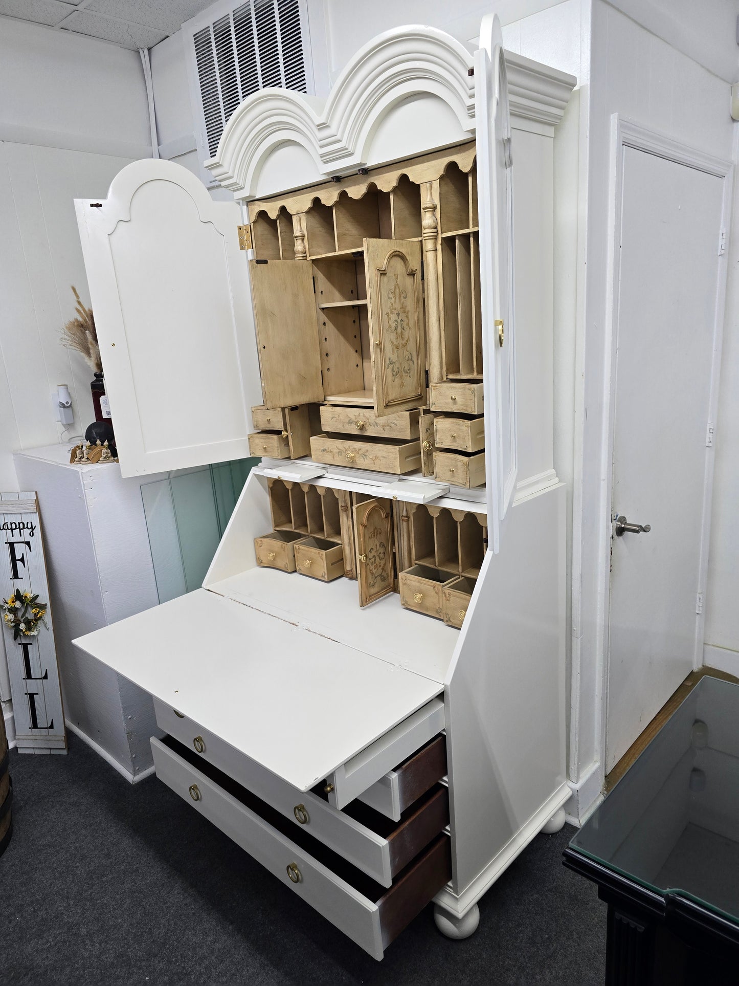 Off white lacquered tall secretary desk