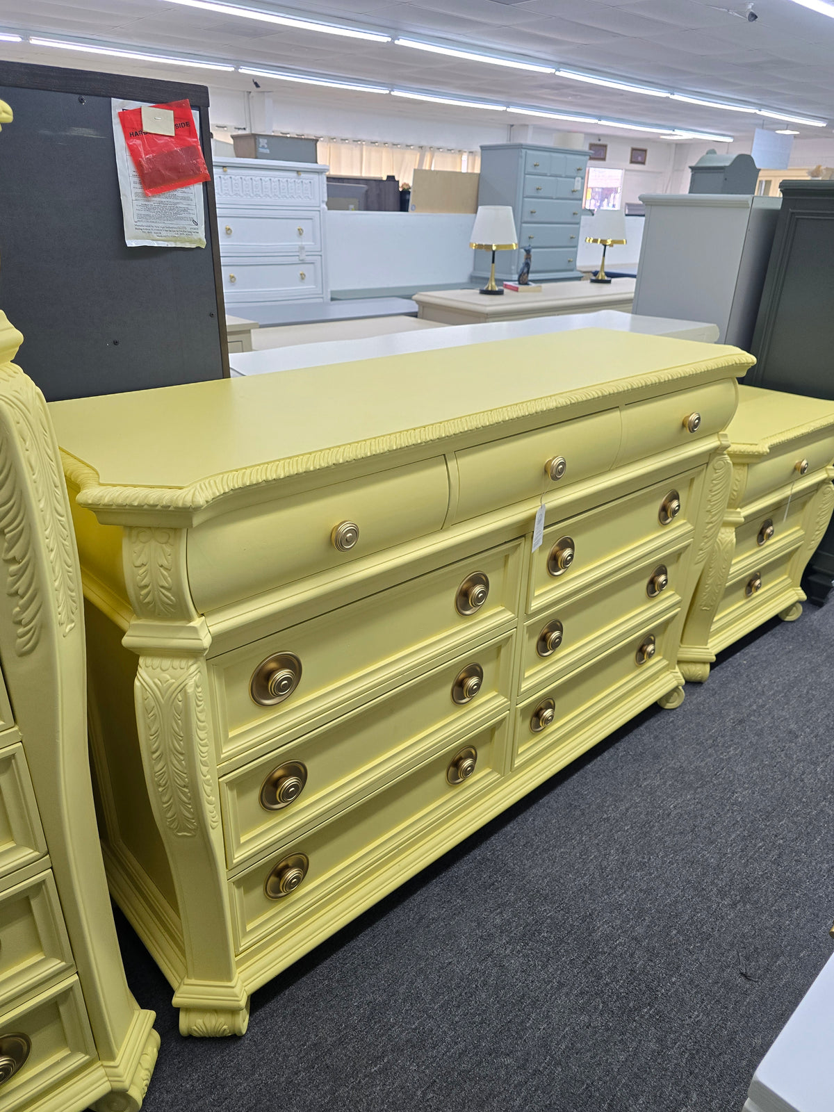 Cute soft yellow carved dresser