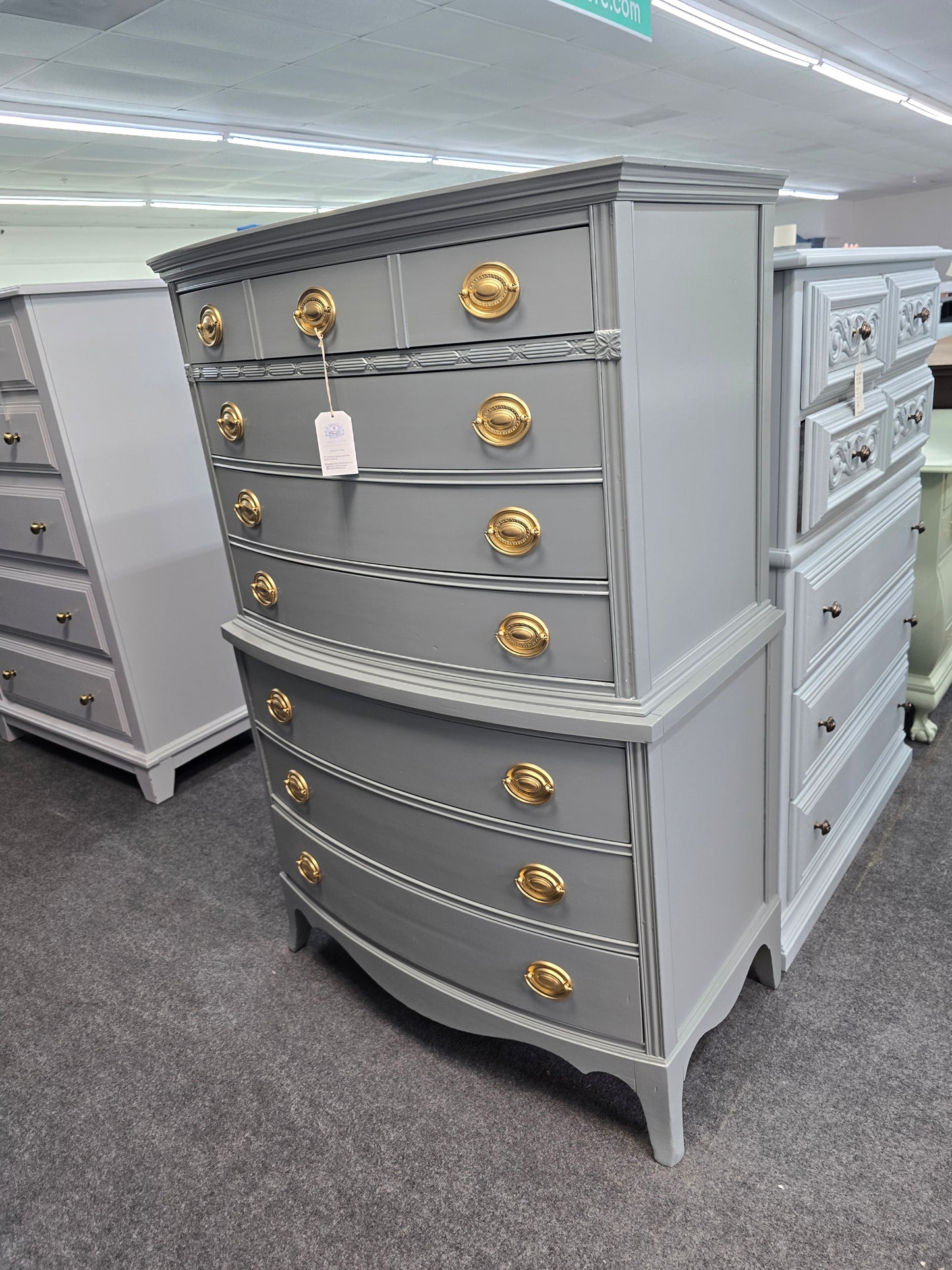 Solid wood bowfront gray greenish chest