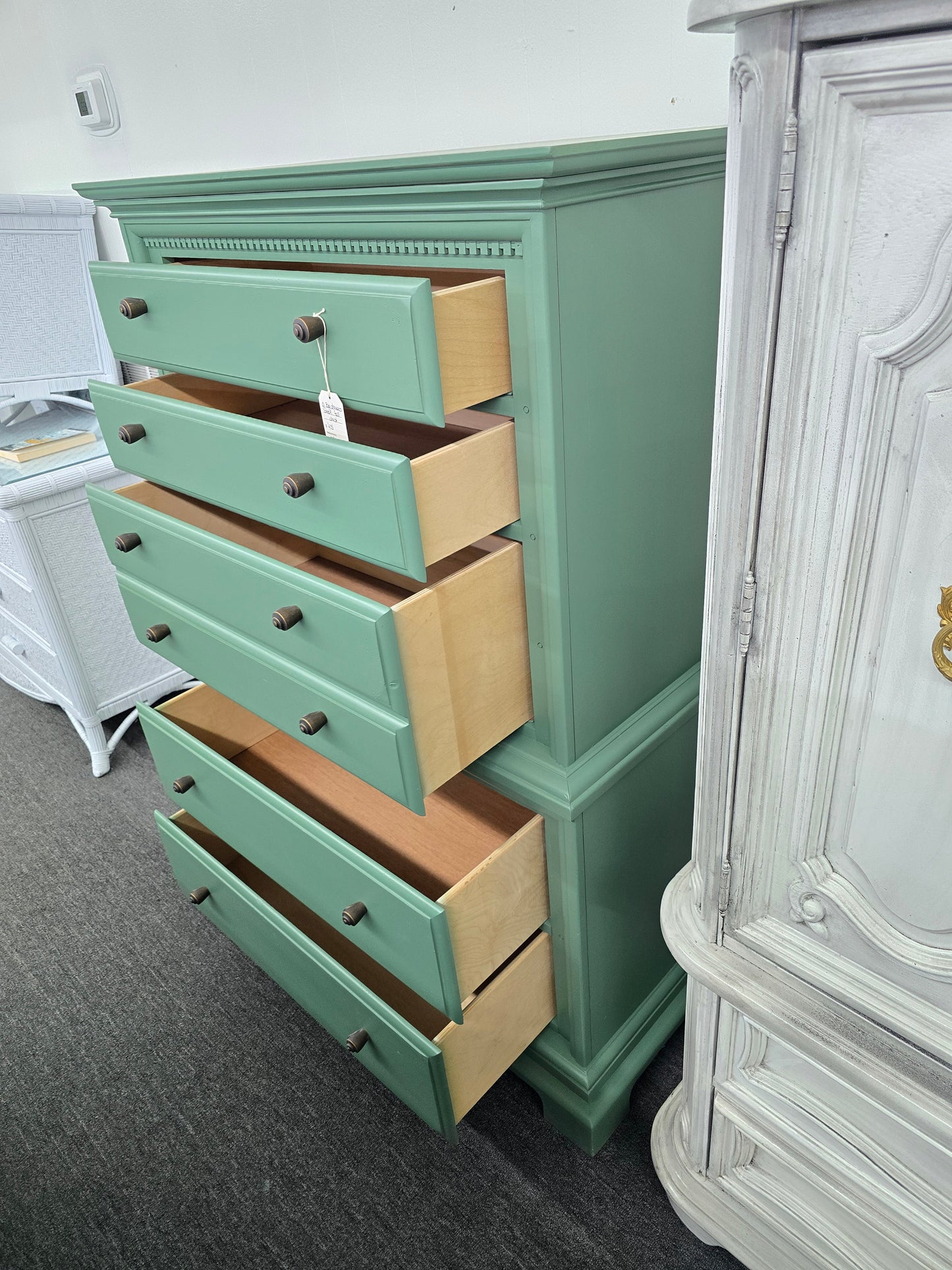 Solid wood green tall chest