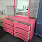 Pink lacquered 6 drawers dresser with mirror