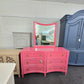 Pink lacquered 6 drawers dresser with mirror