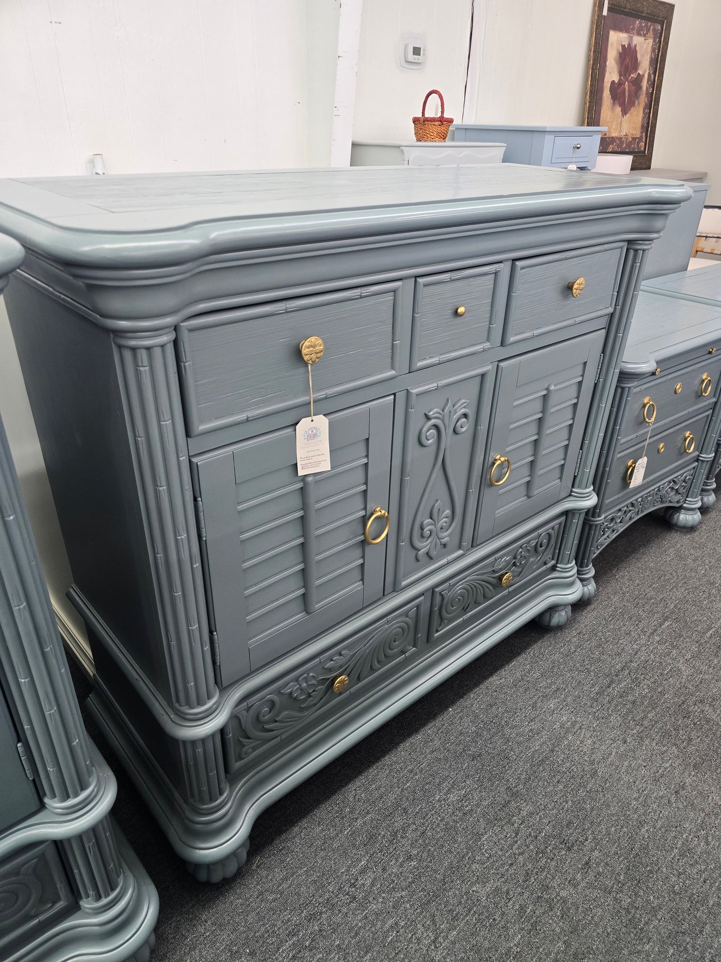 Broyhill bamboo green gray lacquered dresser