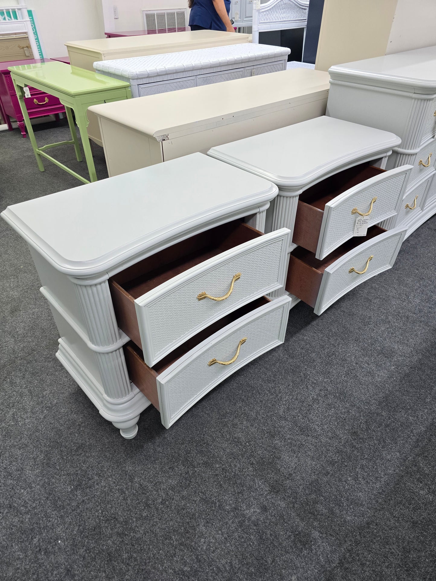 Kathy Ireland gray rattan pair of nightstands