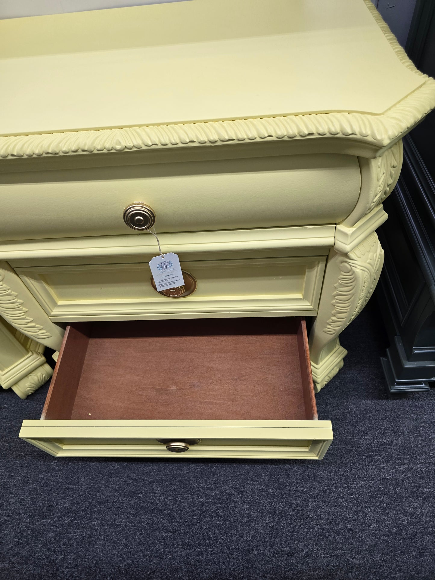 Cute carved soft yellow nightstand