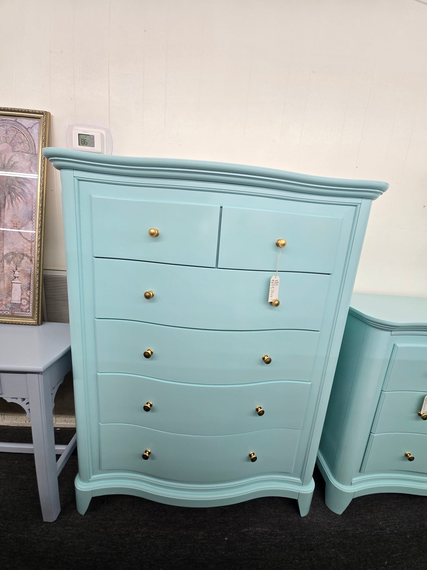 Solid wood blue Lacquered curved chest