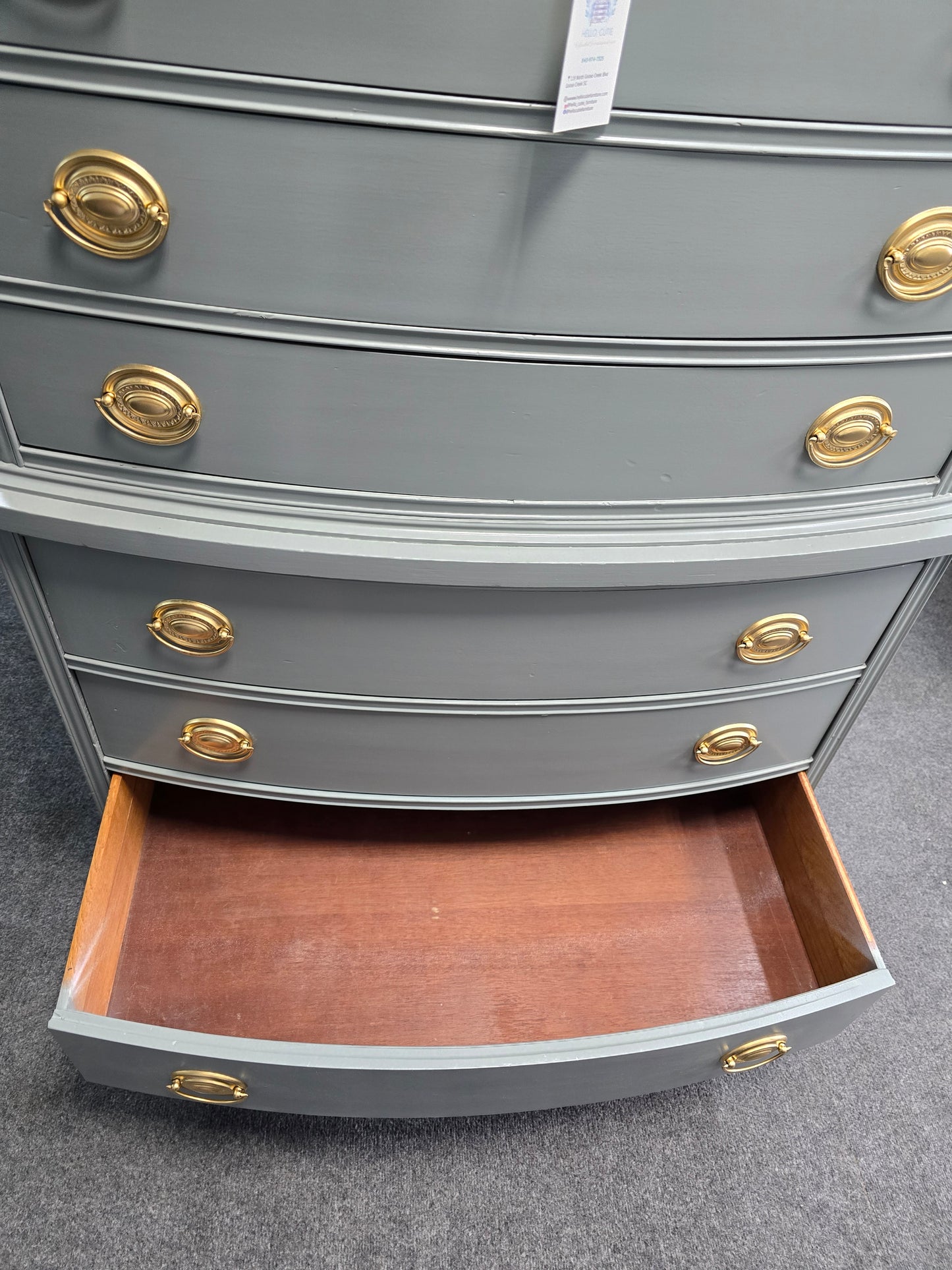 Solid wood bowfront gray greenish chest