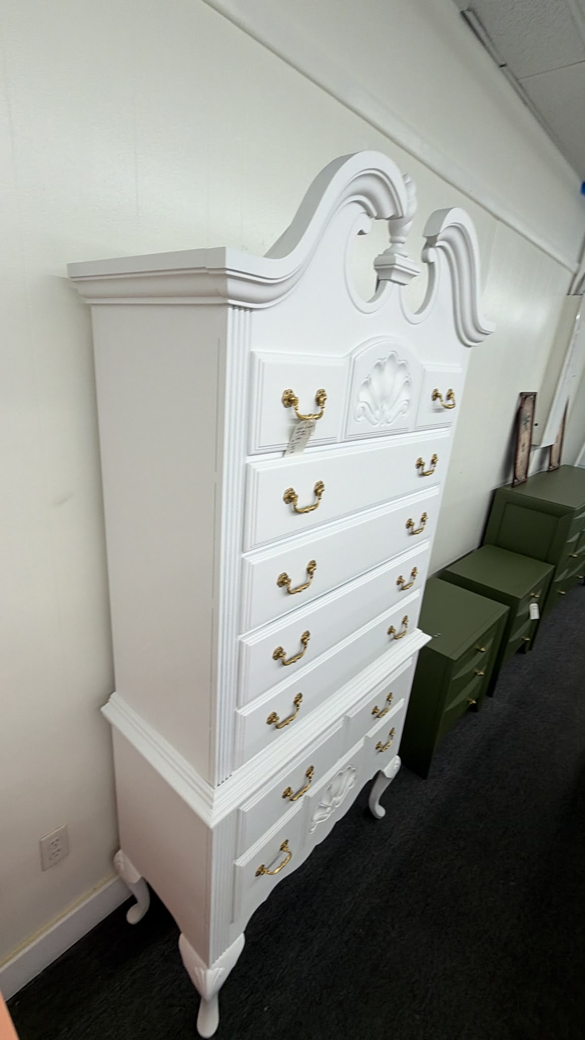 Vintage white lacquered bonnet chest