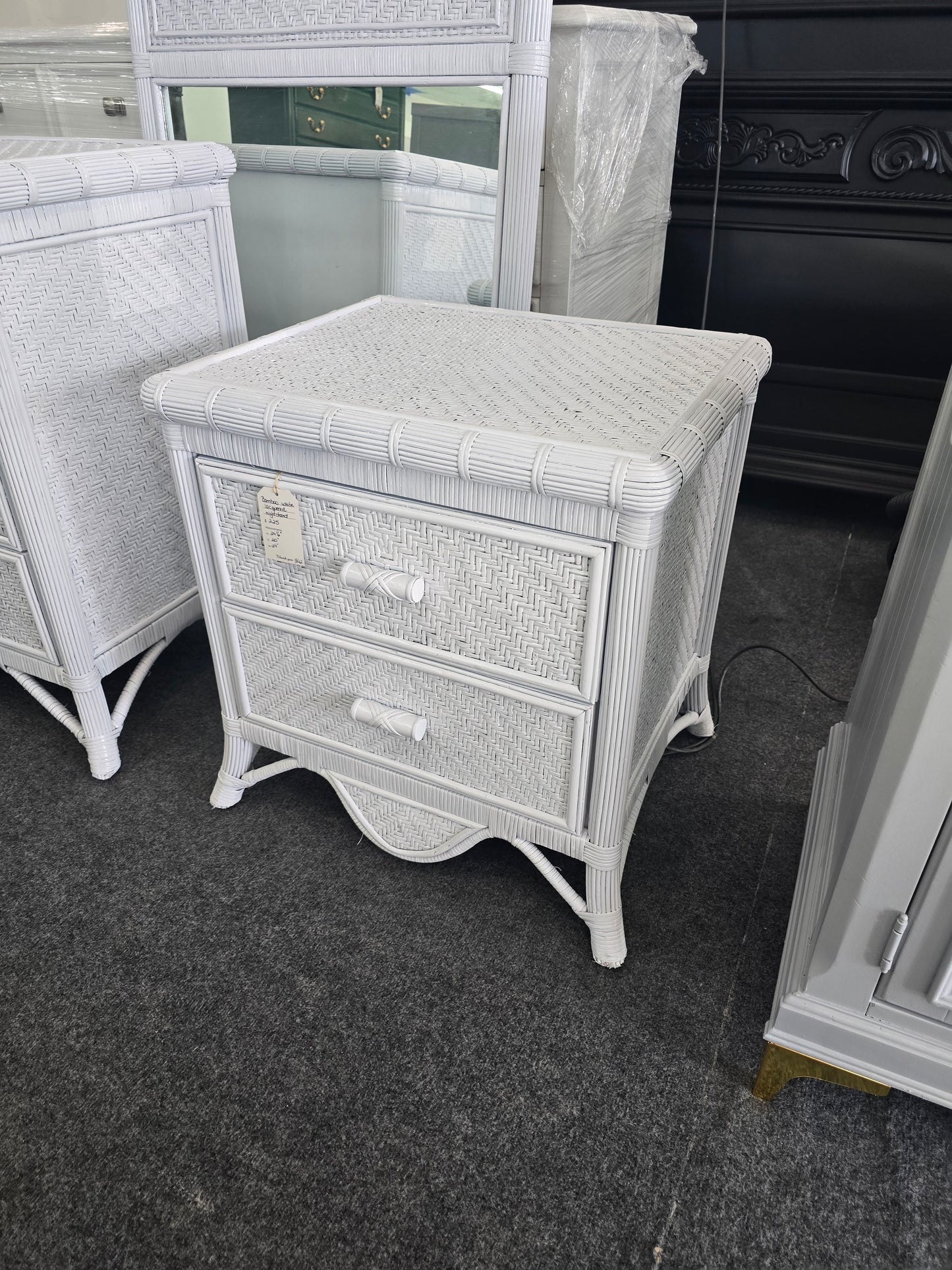 White lacquered bamboo & rattan nightstand