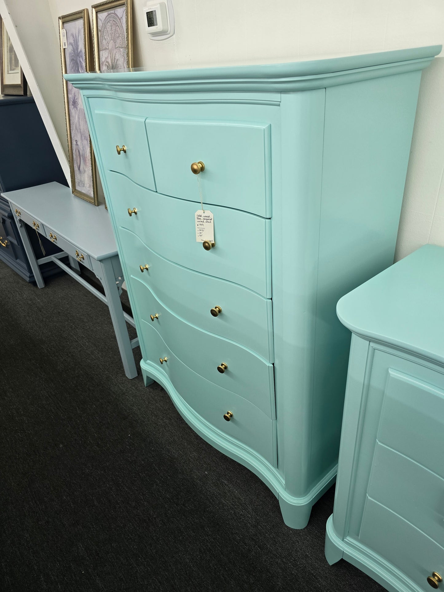 Solid wood blue Lacquered curved chest
