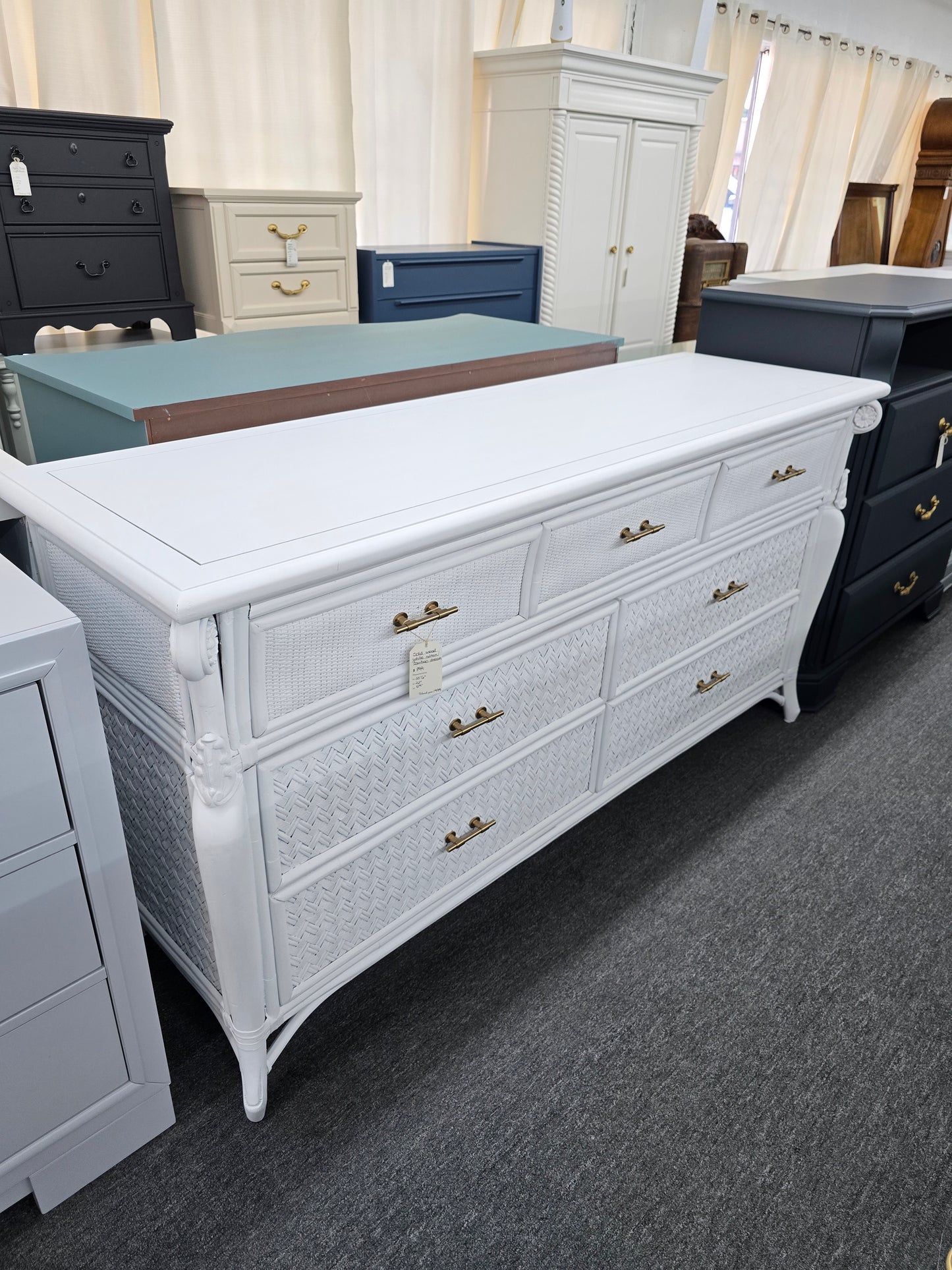 Solid wood and rattan white dresser