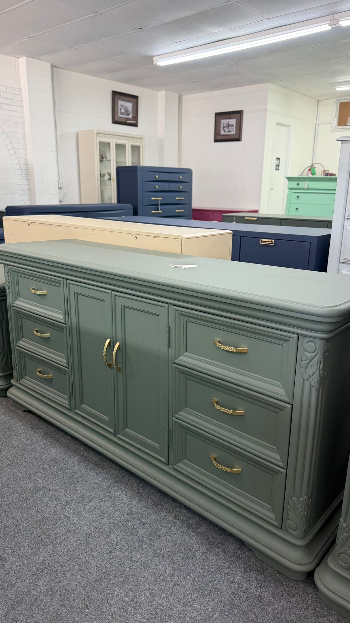 Pewter green carved long dresser