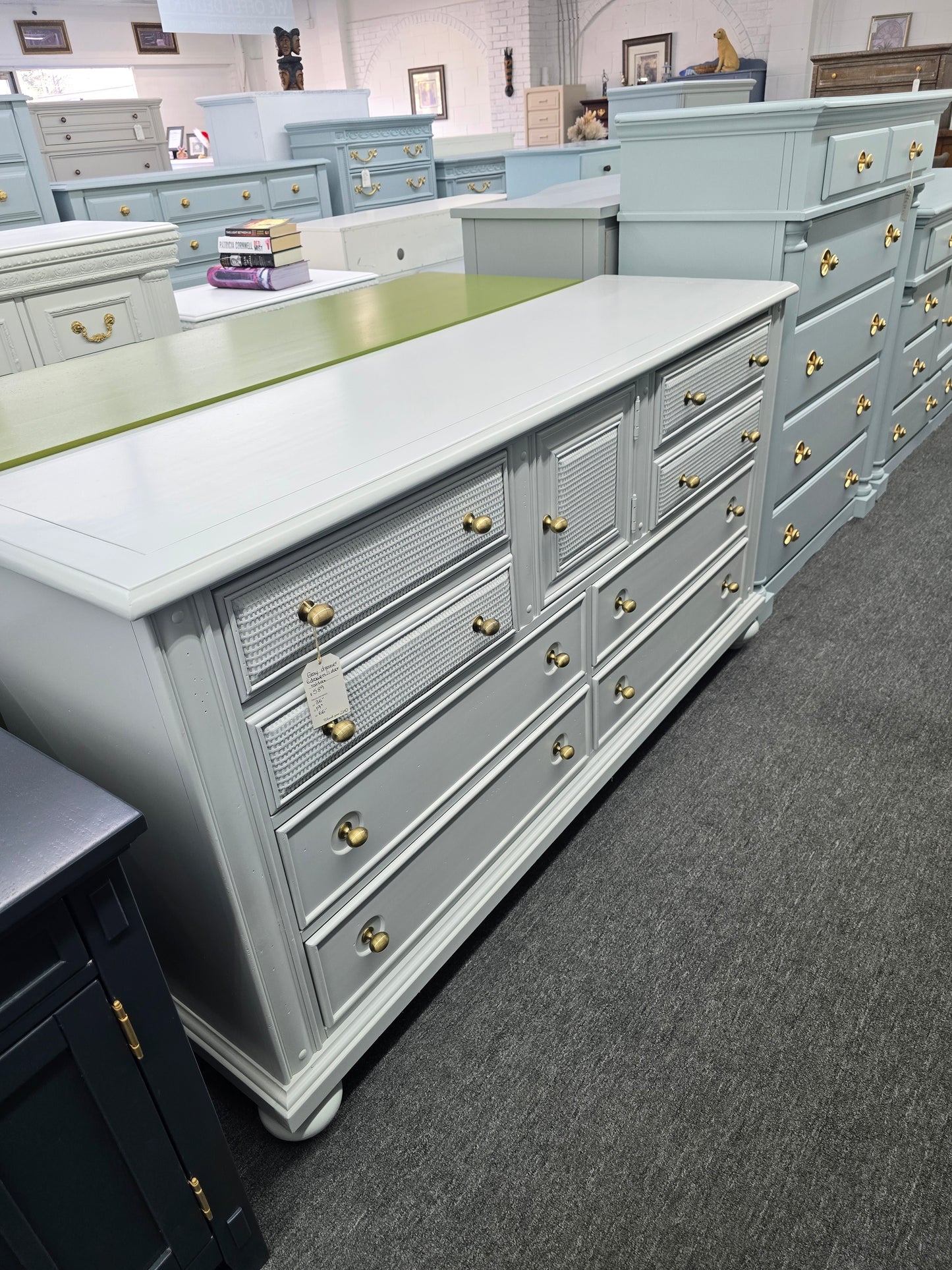 Beautiful gray dresser 6 drawers 1 door rattan drawers