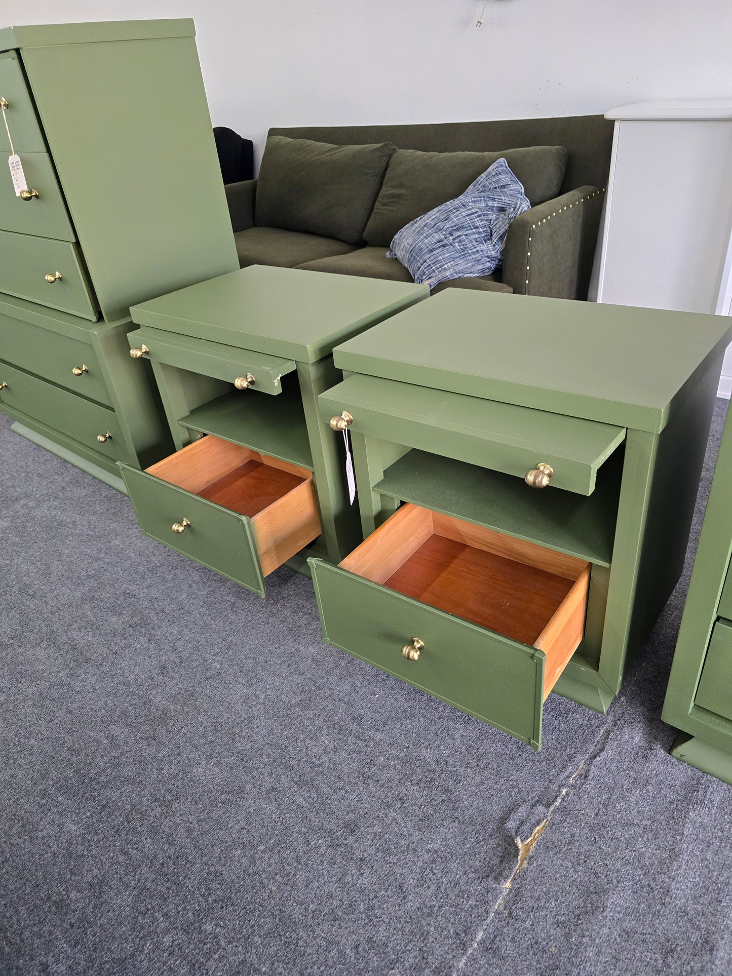 Solid wood MCM green pair of nightstands