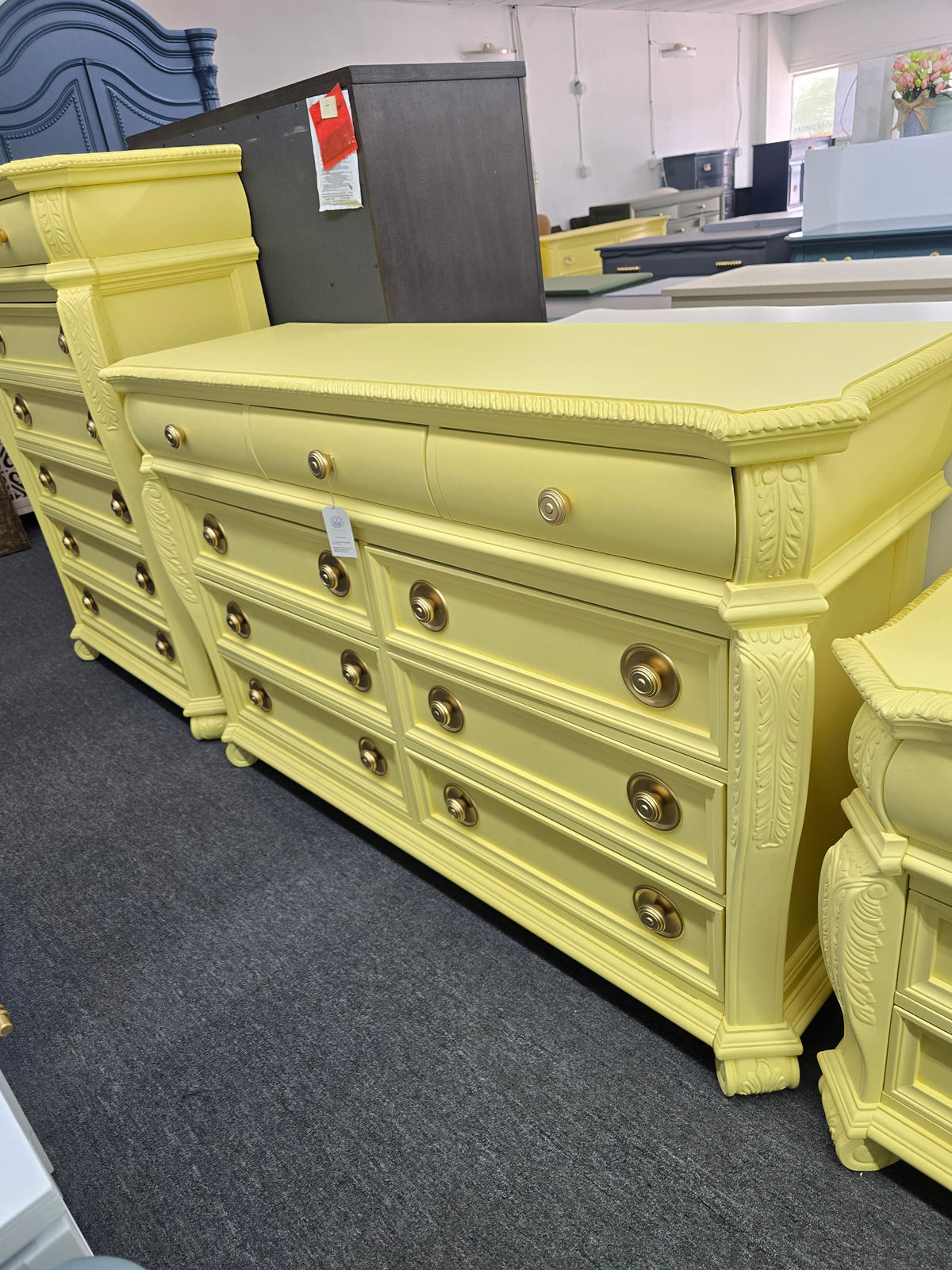 Cute soft yellow carved dresser
