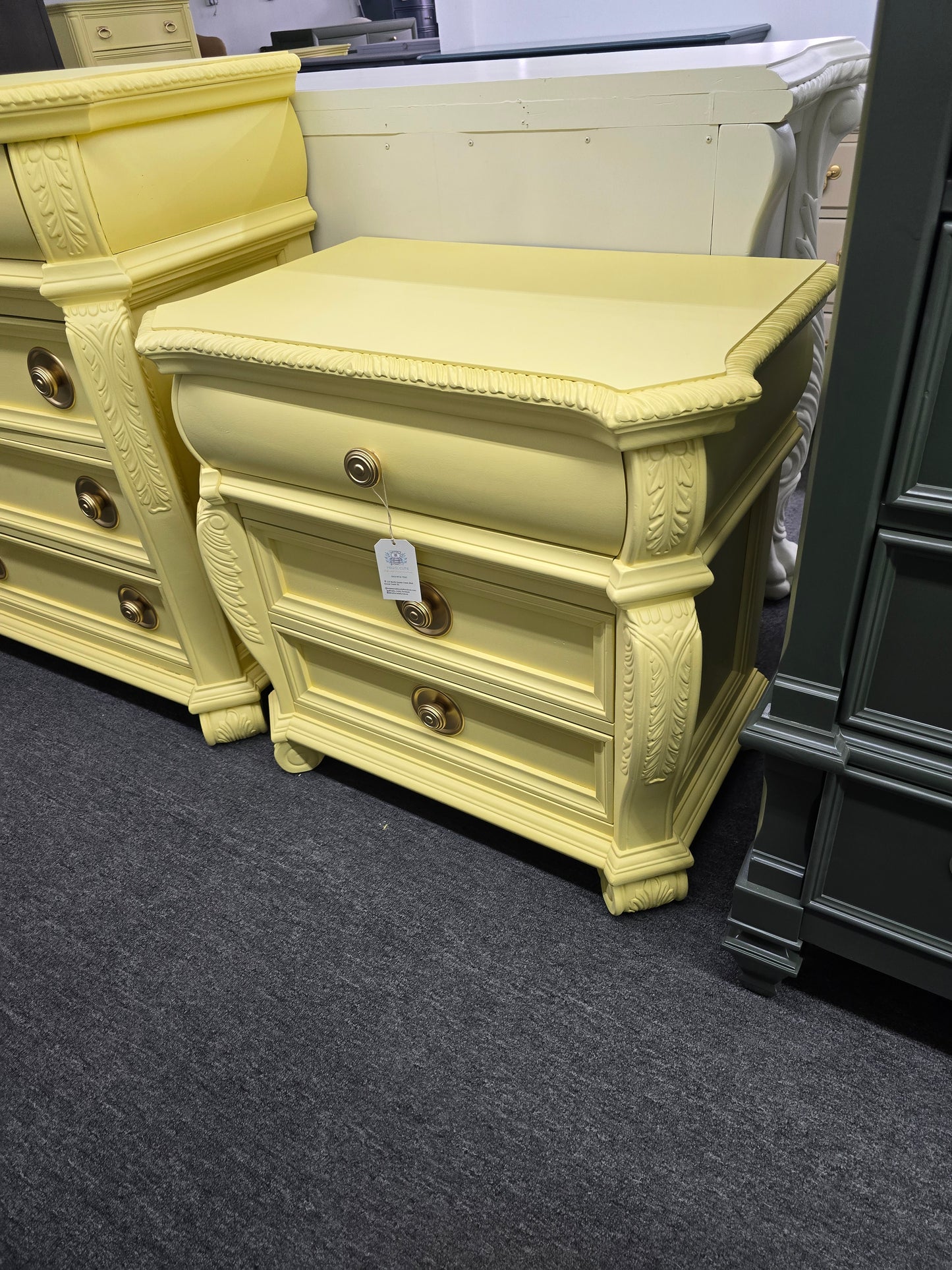 Cute carved soft yellow nightstand