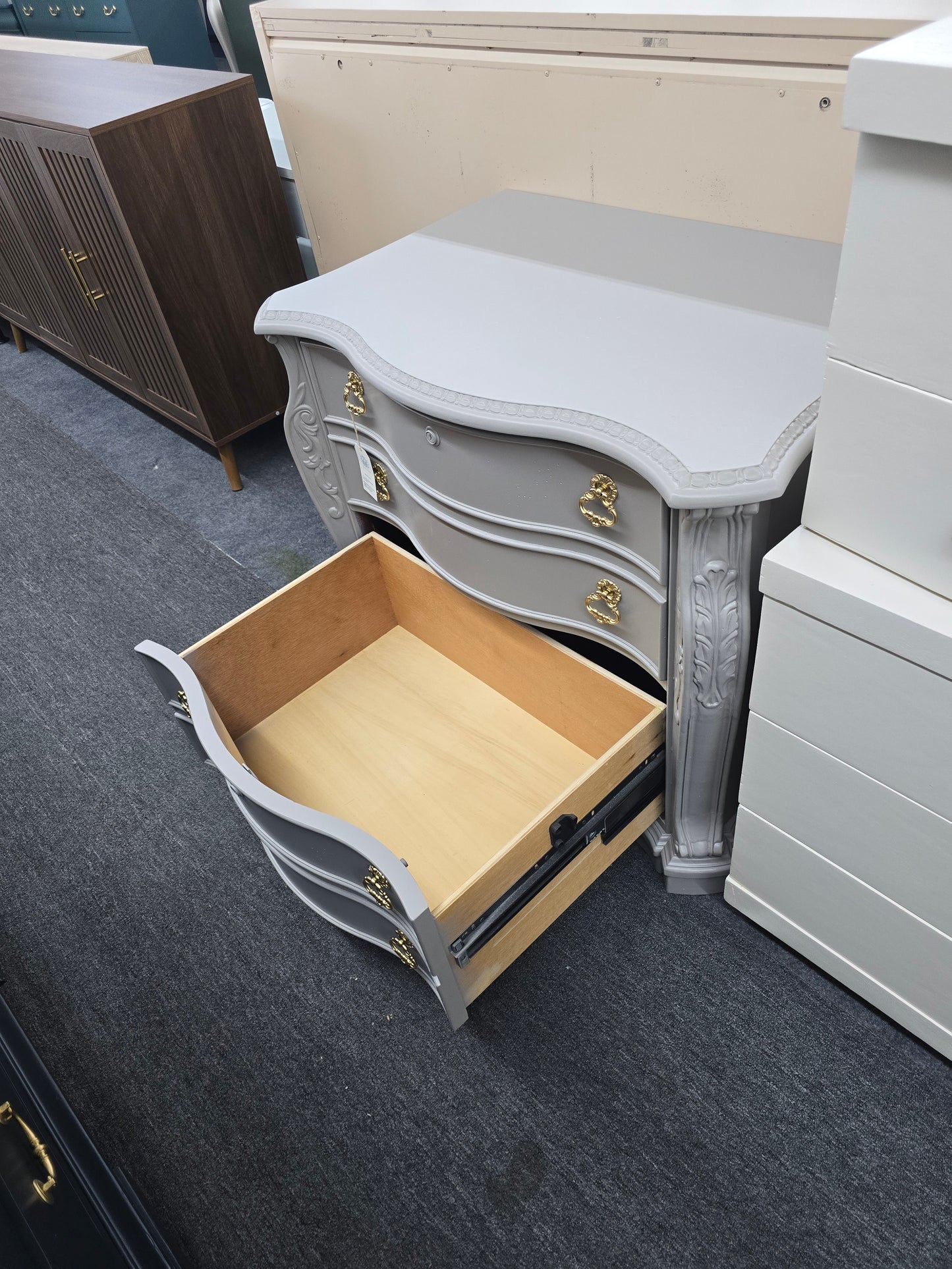 Light gray carved chest / file cabinet