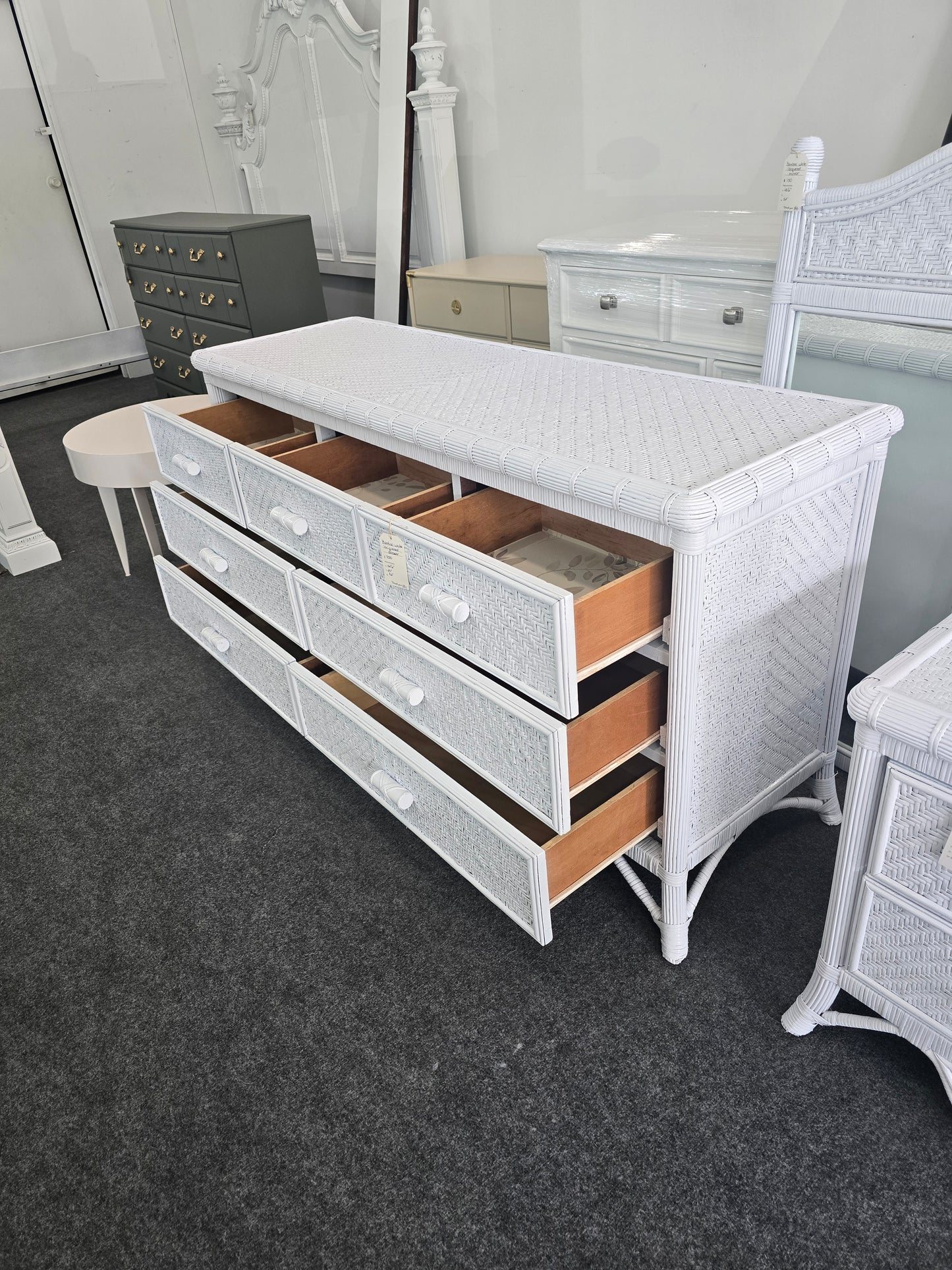White lacquered bamboo & rattan dresser