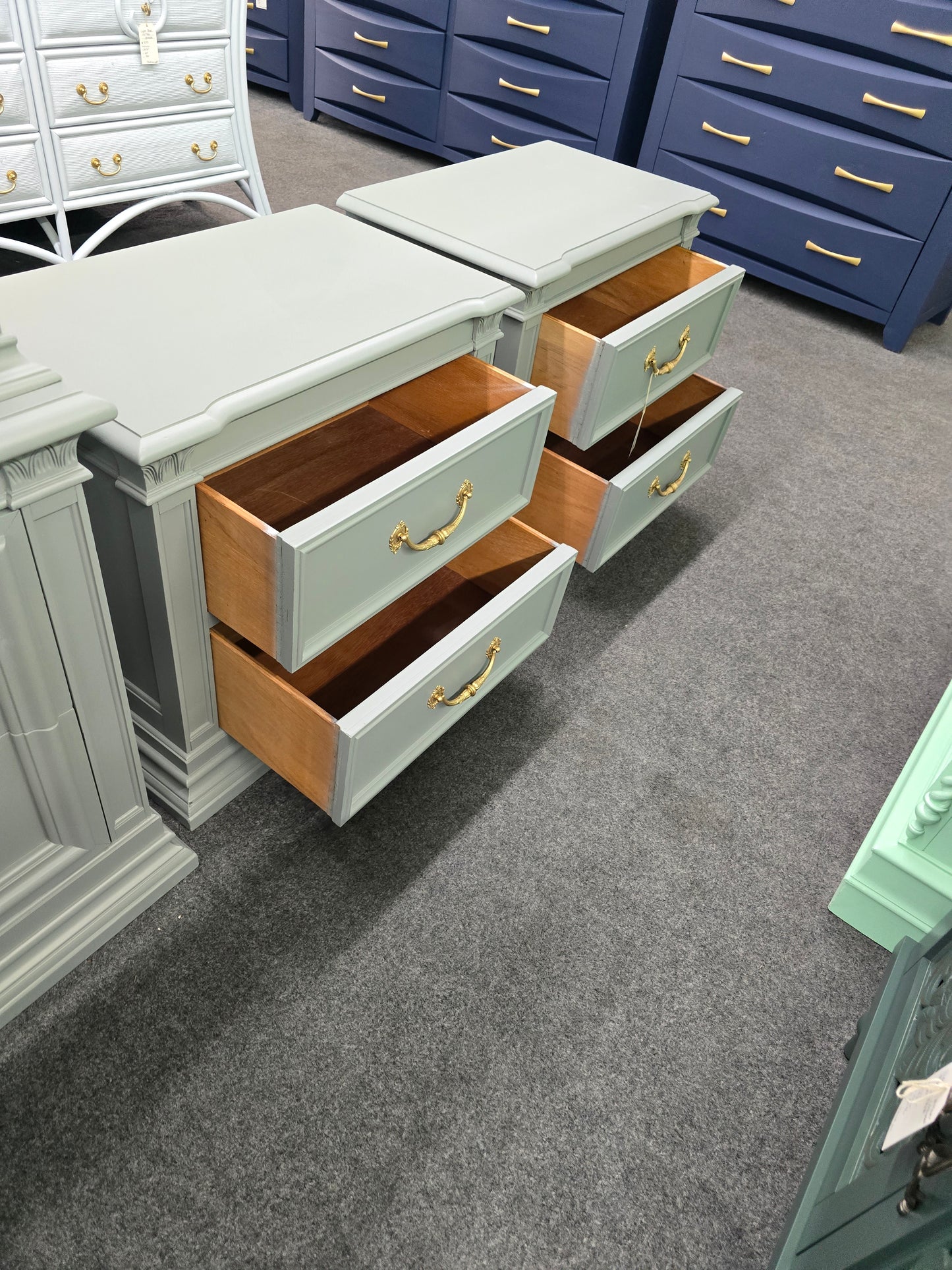 Bassett vintage green gray pair of nightstands