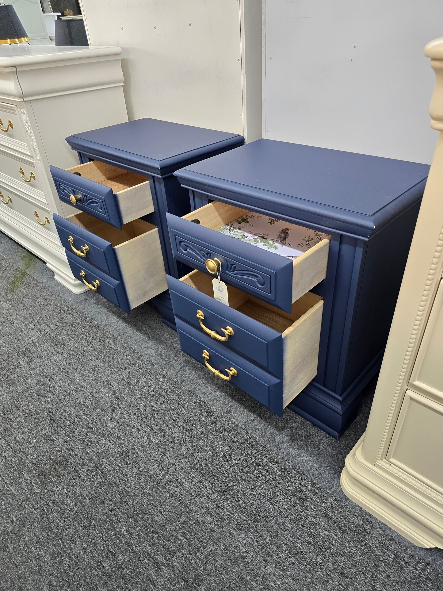 Legacy traditions navy blue pair of vintage nightstands