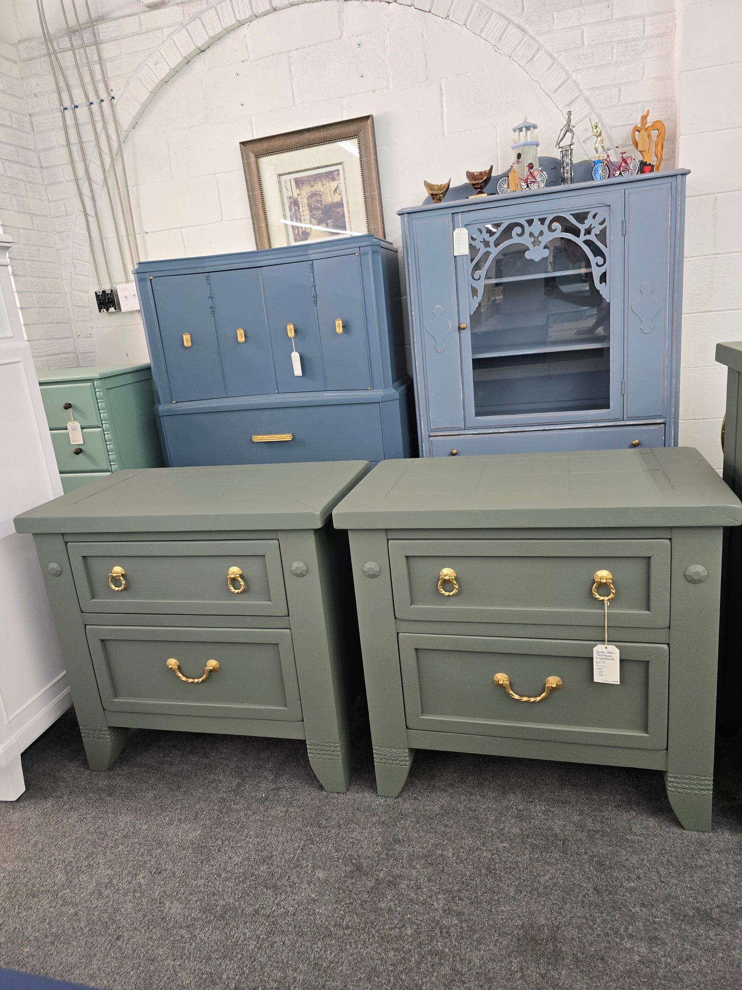 Pewter green farmhouse pair of nightstands
