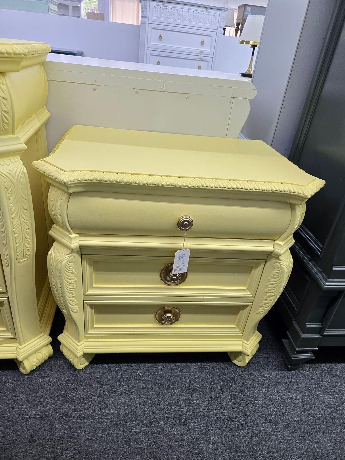 Cute carved soft yellow nightstand