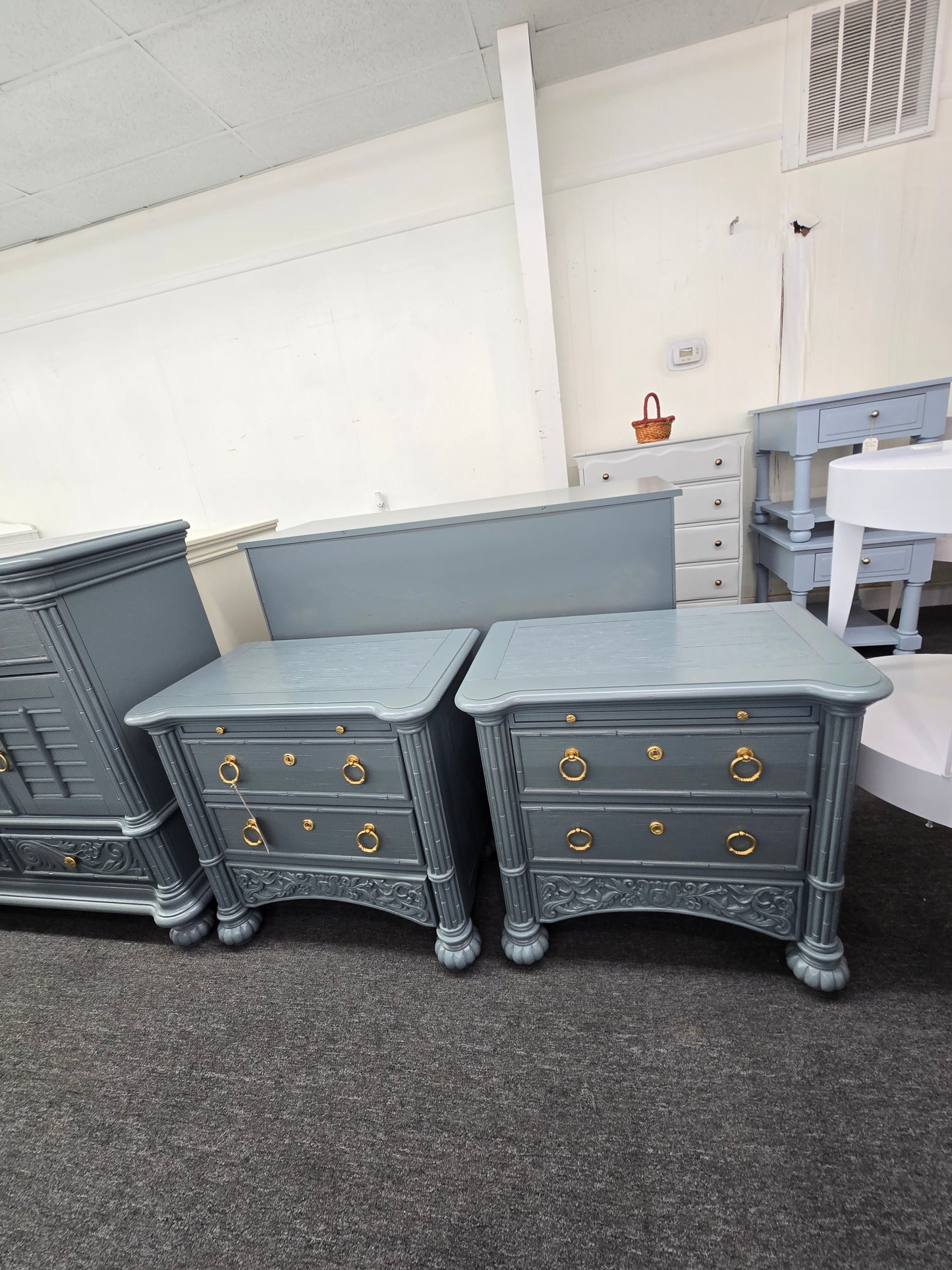 Broyhill bamboo green gray lacquered pair of nightstands