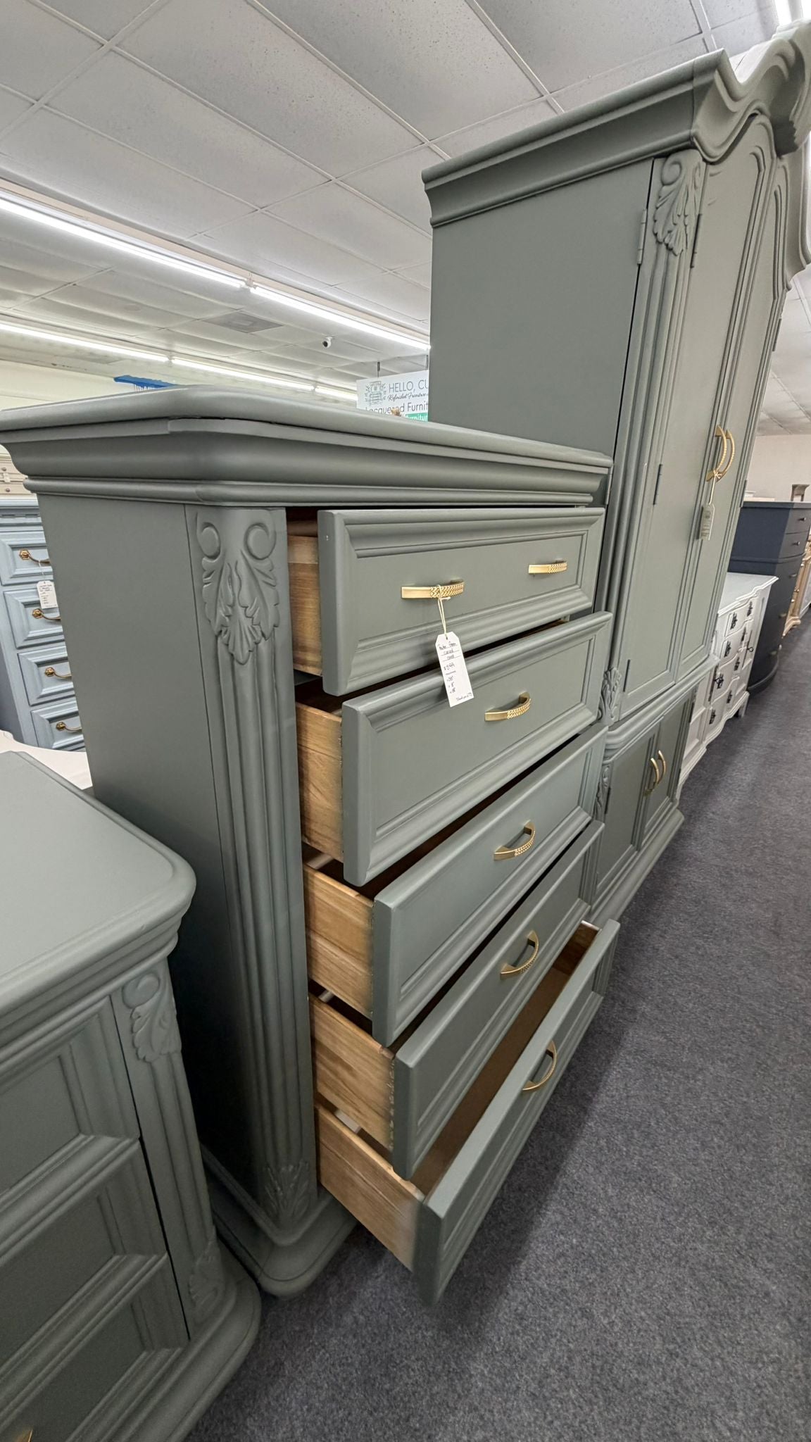 Pewter green carved chest