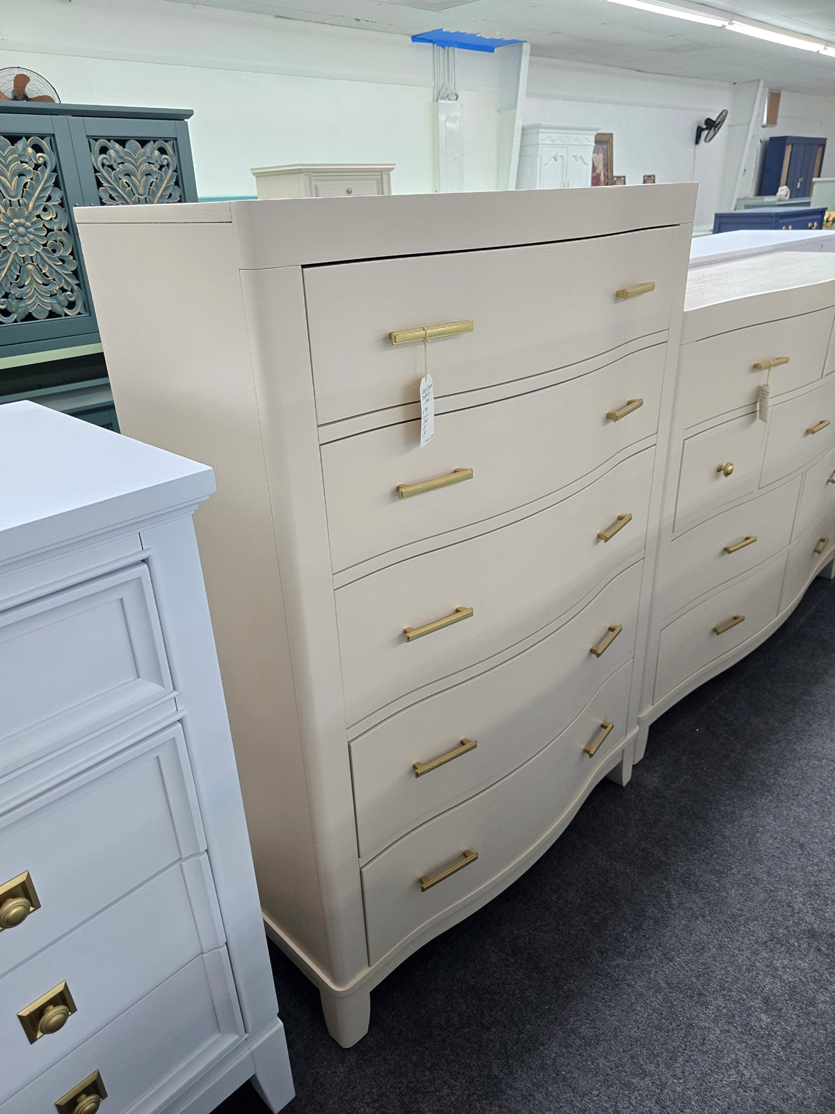 Cream lacquered bowfront chest