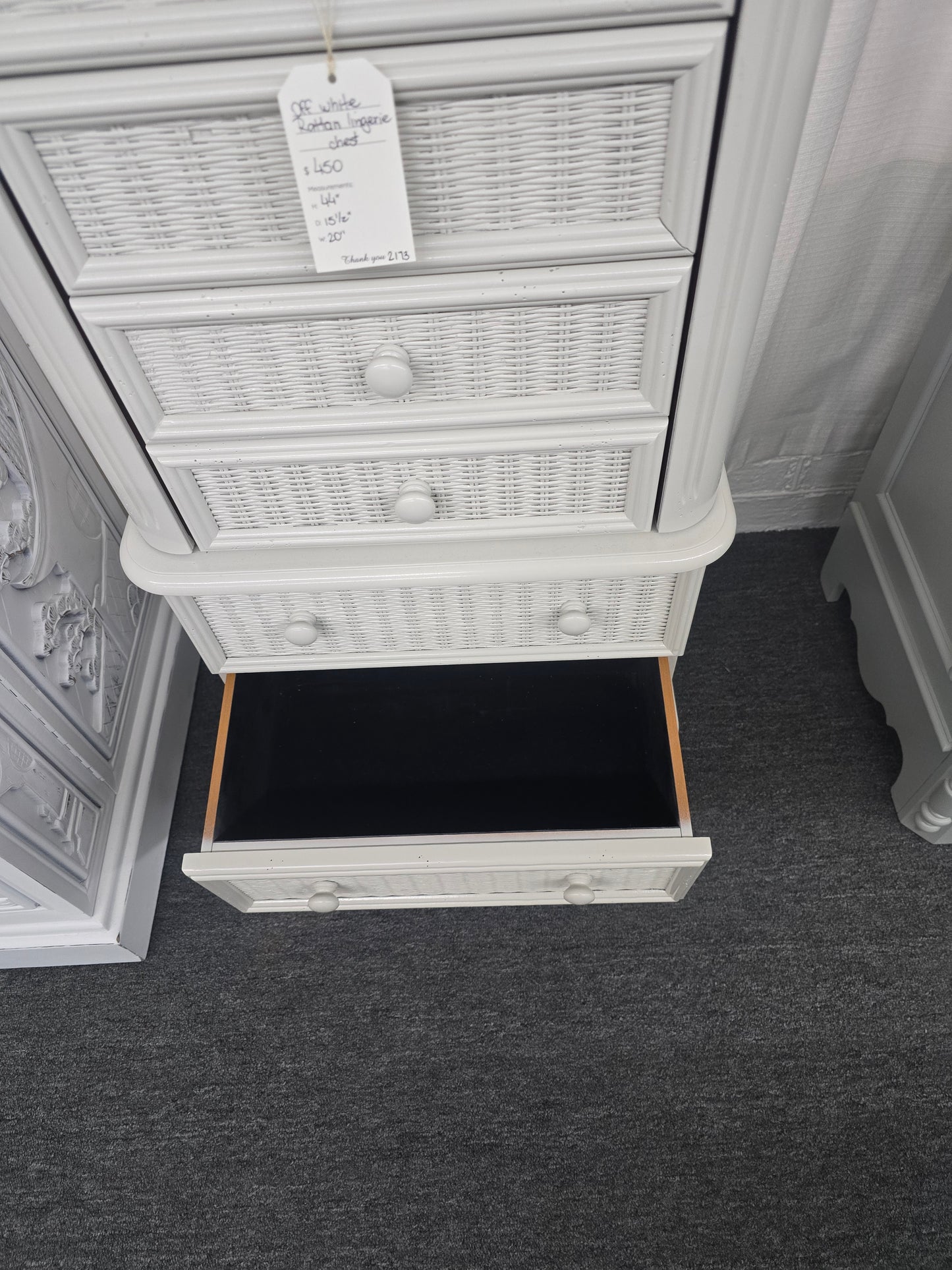 Off white lacquered rattan lingerie chest