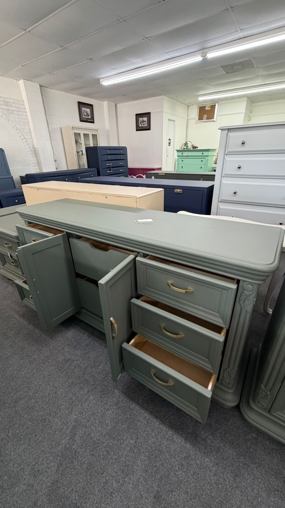 Pewter green carved long dresser