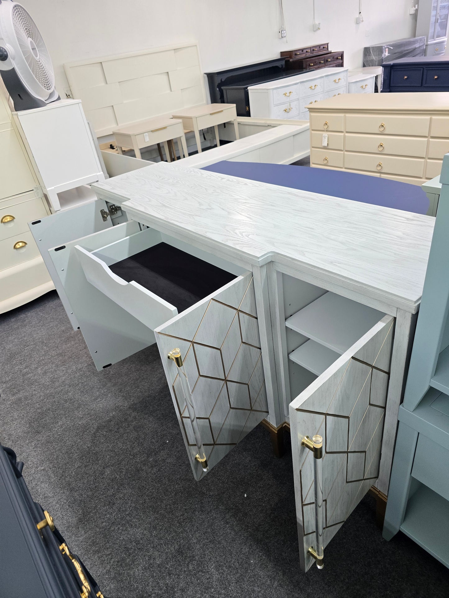 Gorgeous green washed and gold credenza