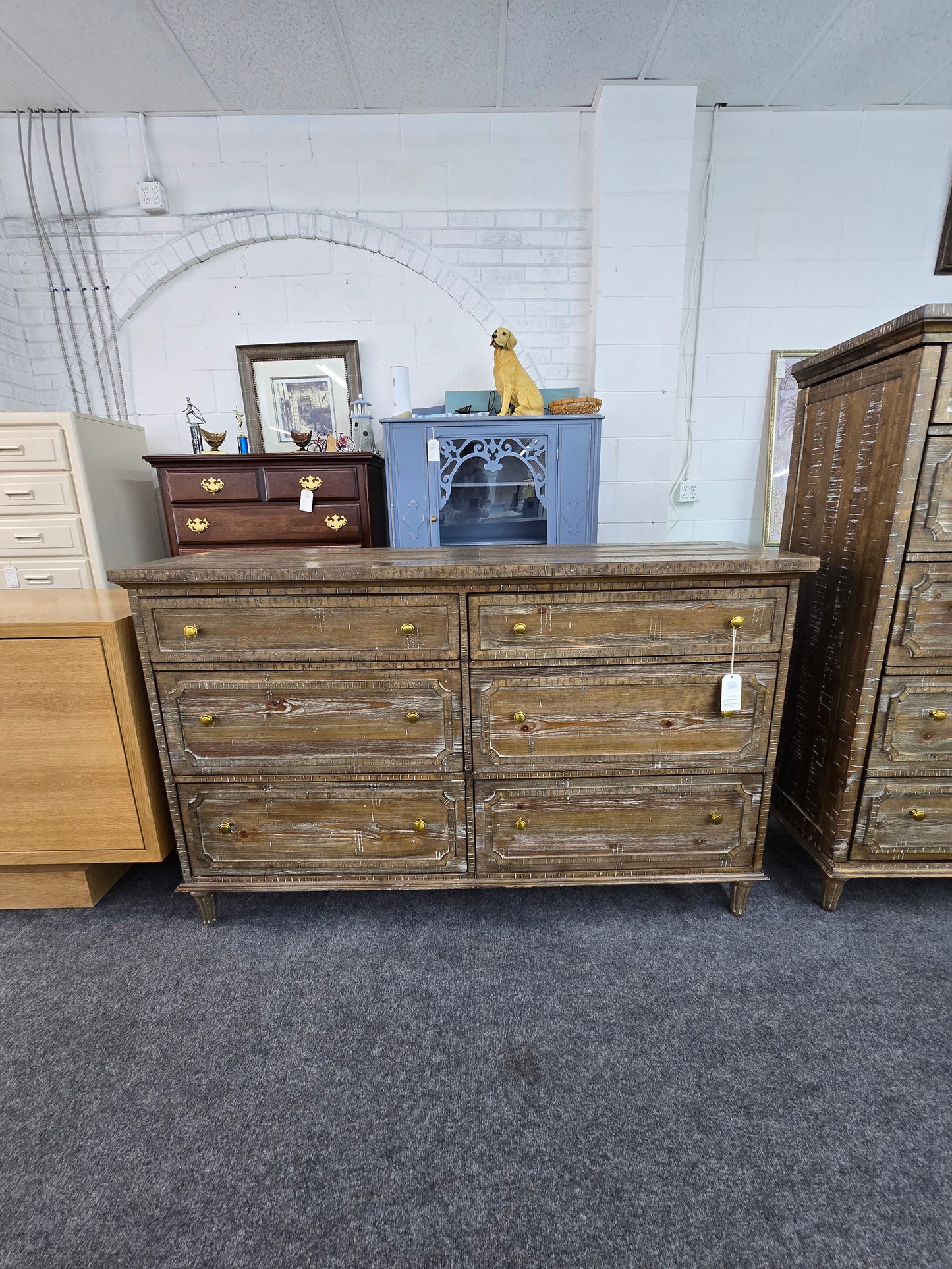 Rustic wood washed 6 drawers dresser